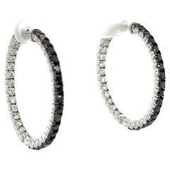 2.88 Carat Black Diamond White Diamond Inside Out White Gold Hoop Earrings