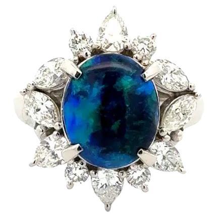 2.88 Carat Black Opal and Diamond Platinum Cocktail Ring Fine Estate Jewelry