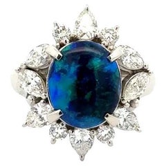 Vintage 2.88 Carat Black Opal and Diamond Platinum Cocktail Ring Fine Estate Jewelry