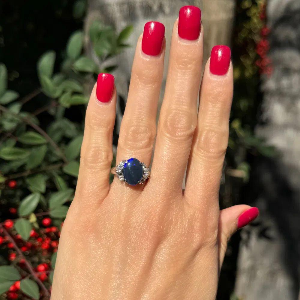Modernist 2.88 Carat Black Opal and Diamond Platinum Vintage Statement Cocktail Ring For Sale