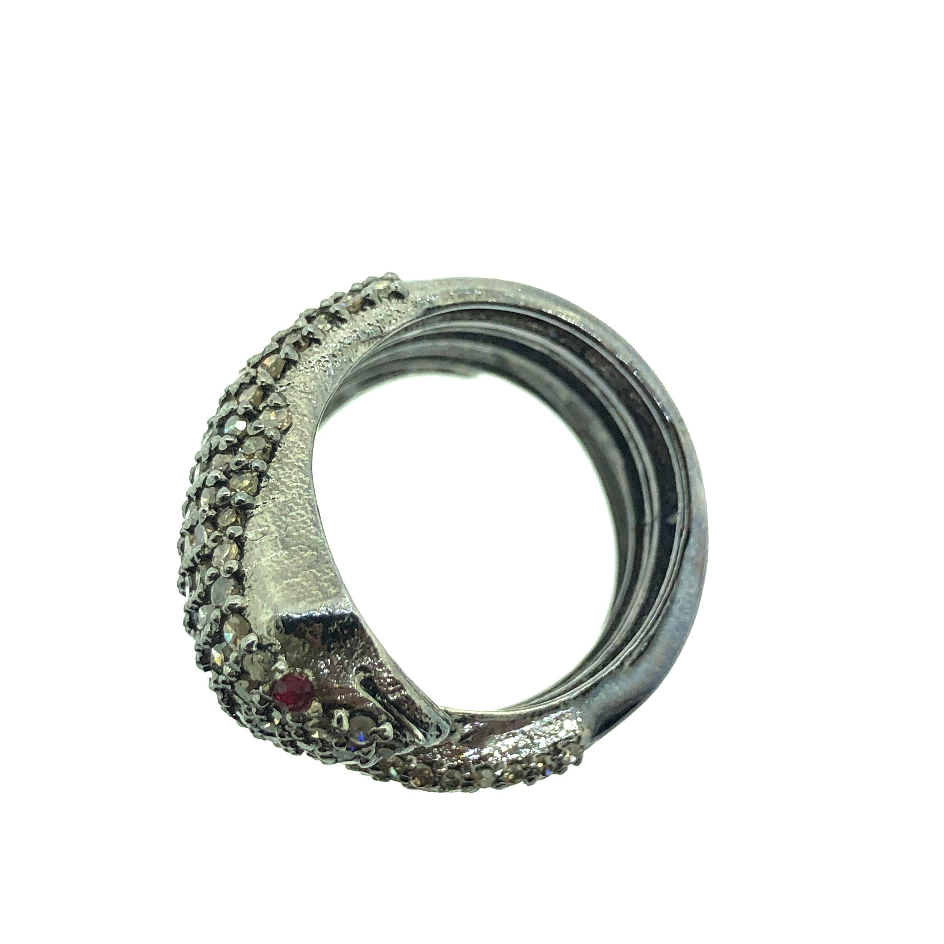 Contemporary 2.88 Carat Diamond and Ruby Eyes Snake Ring in Oxidized Sterling Silver For Sale