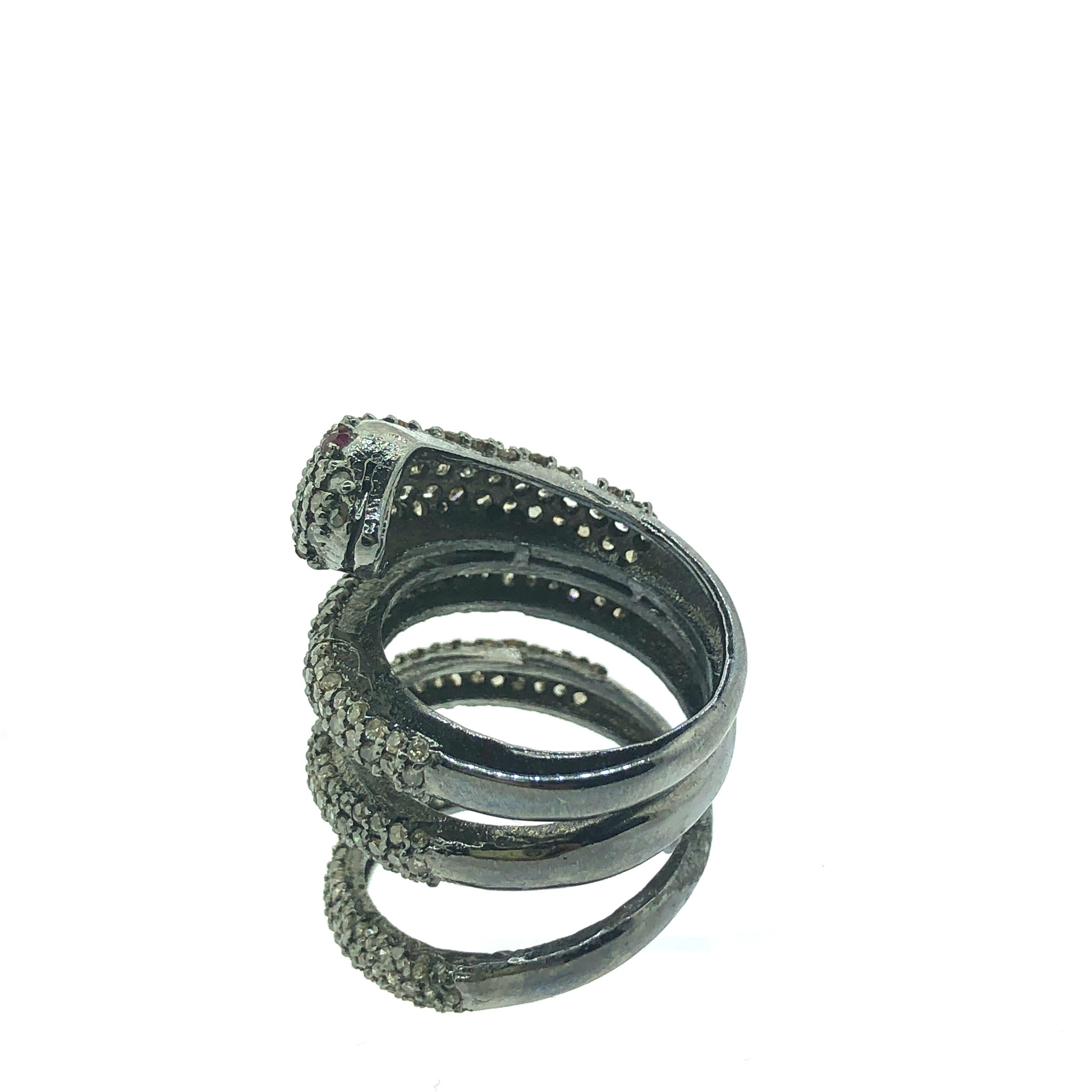 Women's or Men's 2.88 Carat Diamond and Ruby Eyes Snake Ring in Oxidized Sterling Silver For Sale
