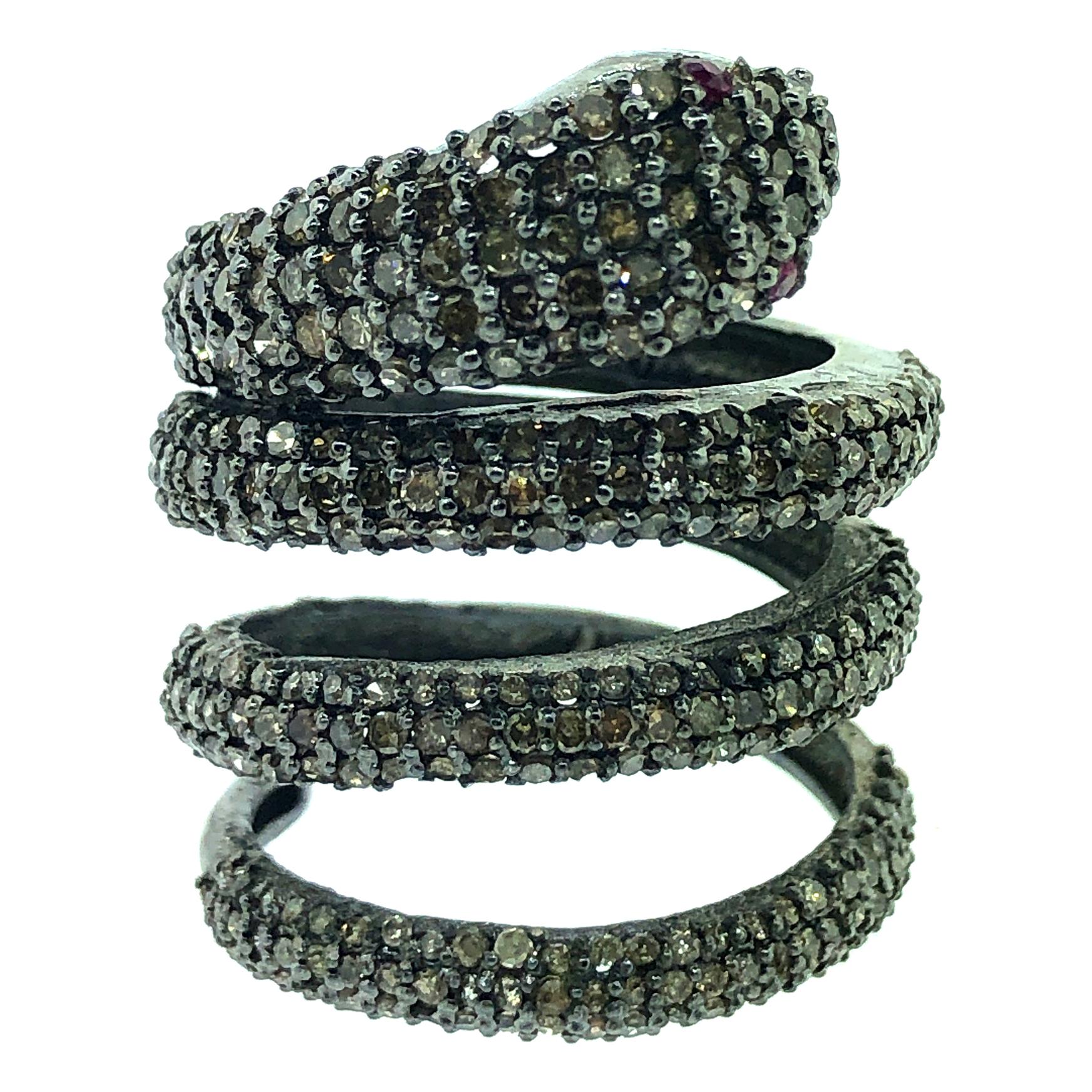 2.88 Carat Diamond and Ruby Eyes Snake Ring in Oxidized Sterling Silver For Sale