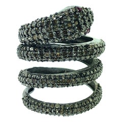 2.88 Carat Diamond and Ruby Eyes Snake Ring in Oxidized Sterling Silver