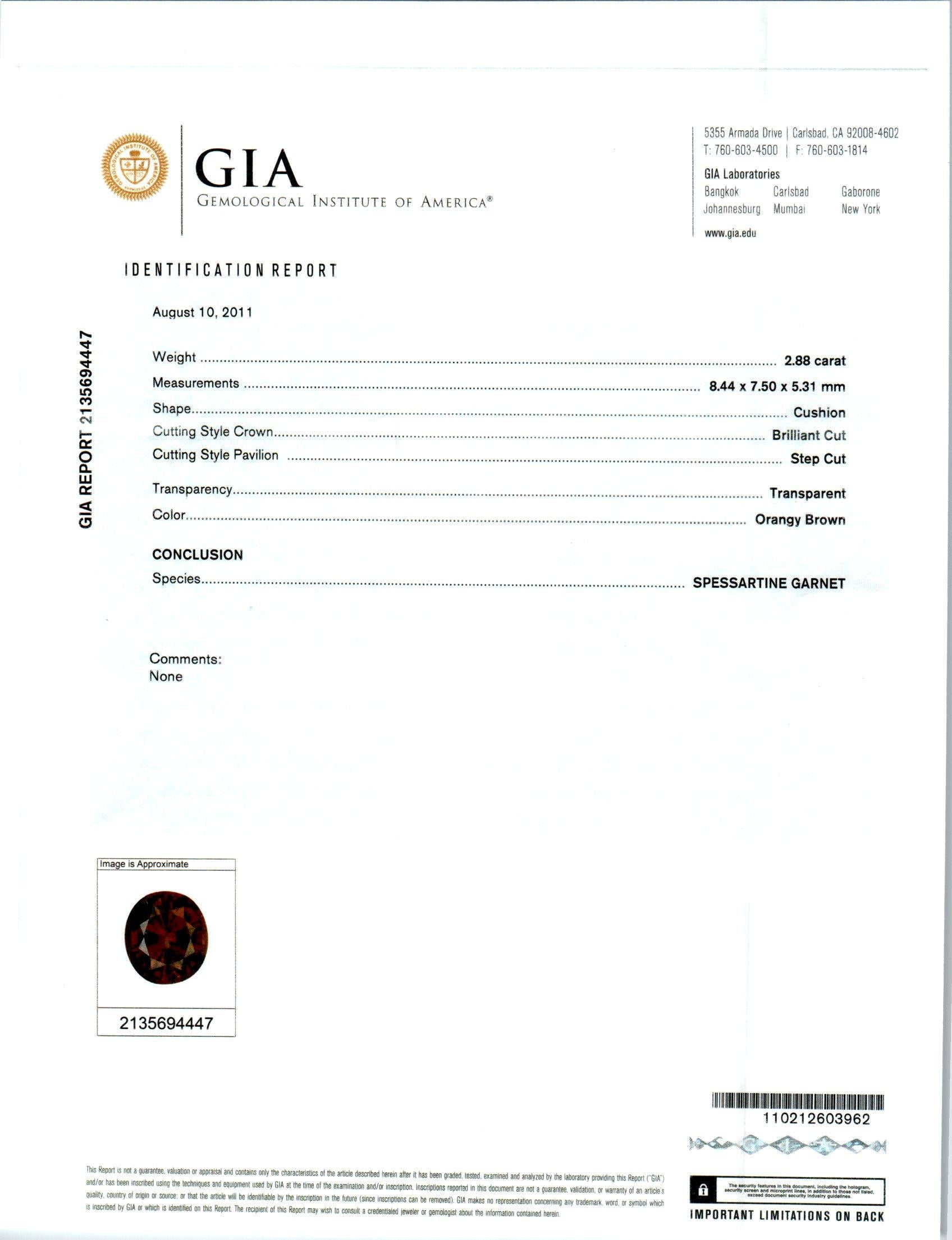 2.88 Carat GIA Certified Spessparite Garnet Diamond Platinum Cocktail Ring For Sale 3