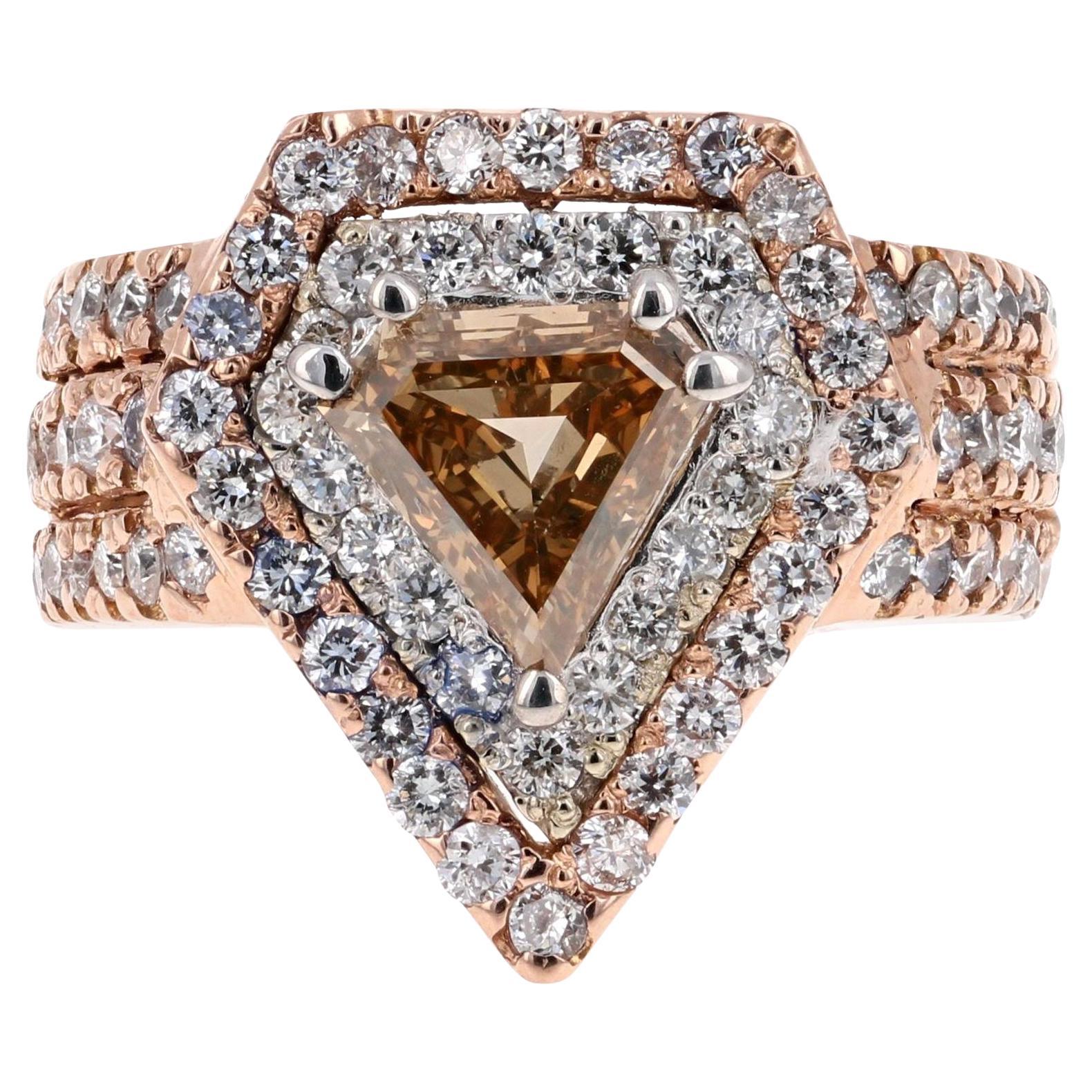 2.88 Carat Natural Brown Diamond White Diamond 14 Karat Rose Gold Cocktail Ring