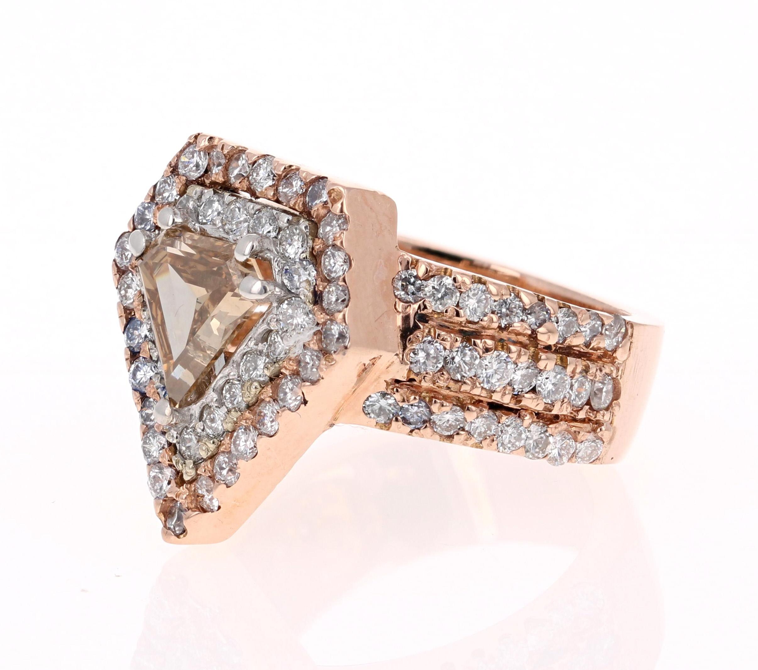 Contemporain Bague de fiançailles en or rose 14 carats avec diamant brun fantaisie naturel de 2,88 carats en vente