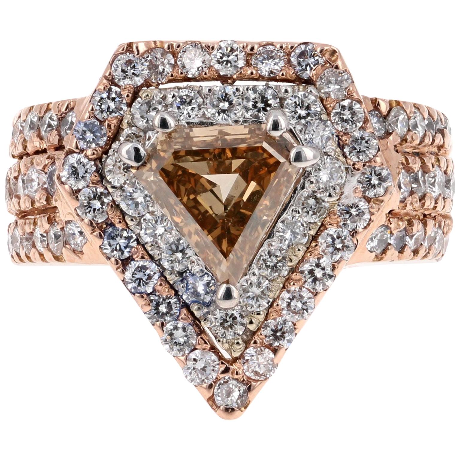 Bague de fiançailles en or rose 14 carats avec diamant brun fantaisie naturel de 2,88 carats en vente