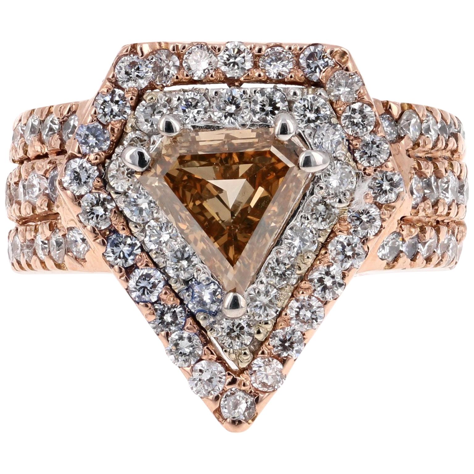 Anillo de compromiso de diamante marrón fantasía natural de 2,88 quilates y oro rosa de 14 quilates