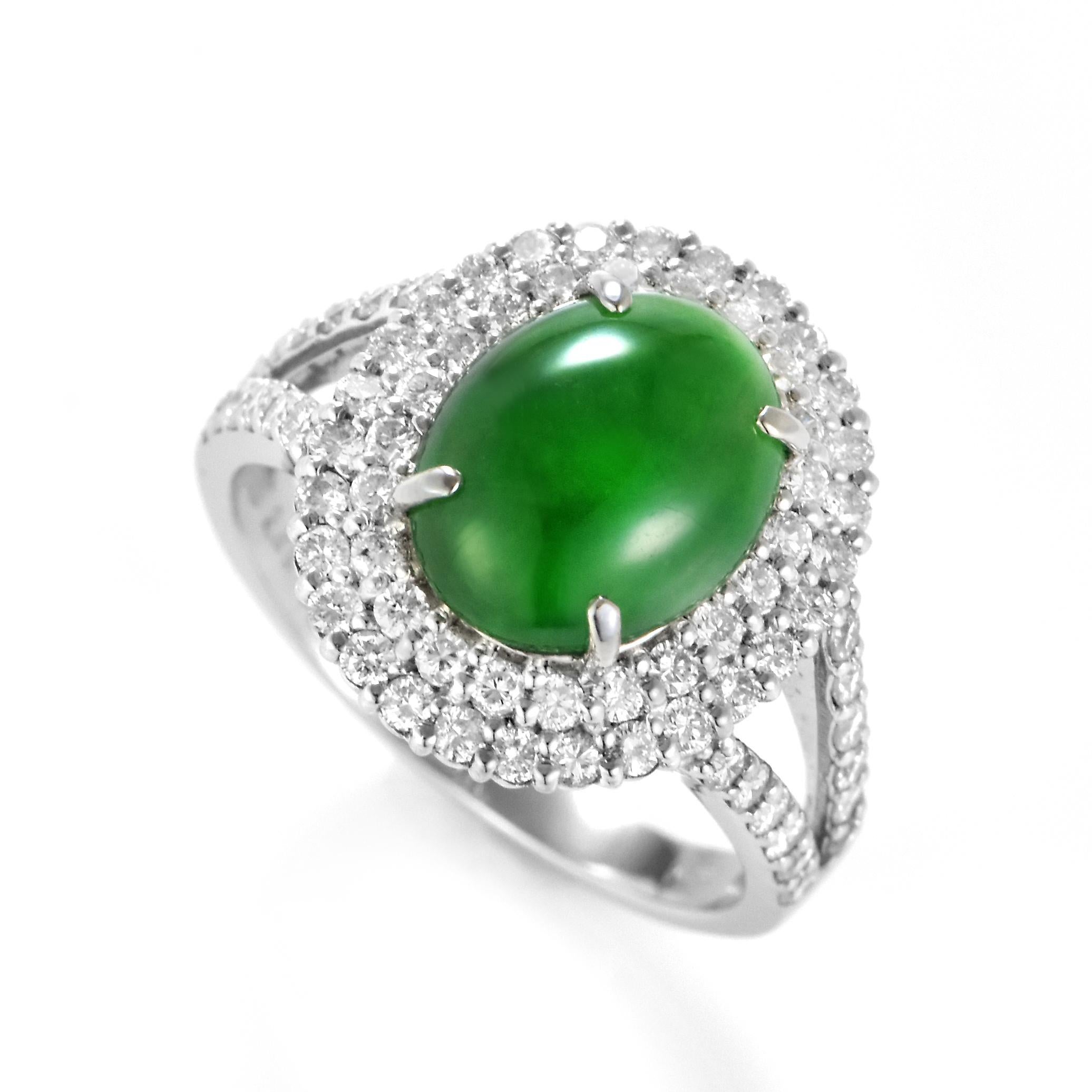A beautiful Ring featuring a 2.88 Carat, Natural, Non-dyed Jadeite and 0.85 Carats of Diamond Accents set in Platinum. Jadeite has been cherished for millennia. Its nature is pure and enduring, yet sensuous and luxurious. Jadeite’s exceptional look