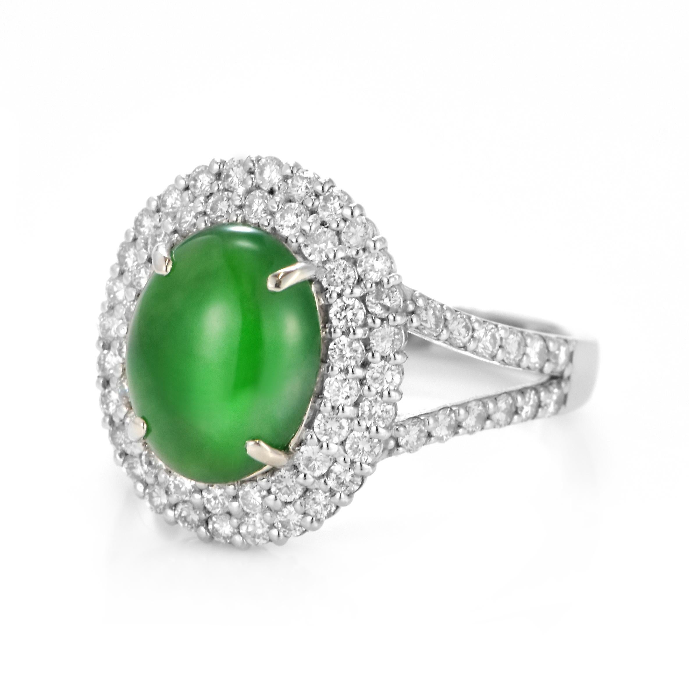 Cabochon 2.88 Carat Natural Type A Jade and Diamond Ring Made in Platinum For Sale