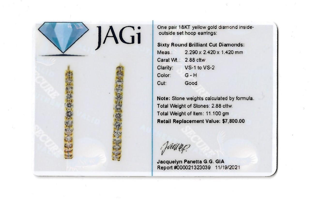 2.88 Carat Round Brilliant Diamond Inside-Out Hinged Hoop Earrings 18 Karat Gold For Sale 8