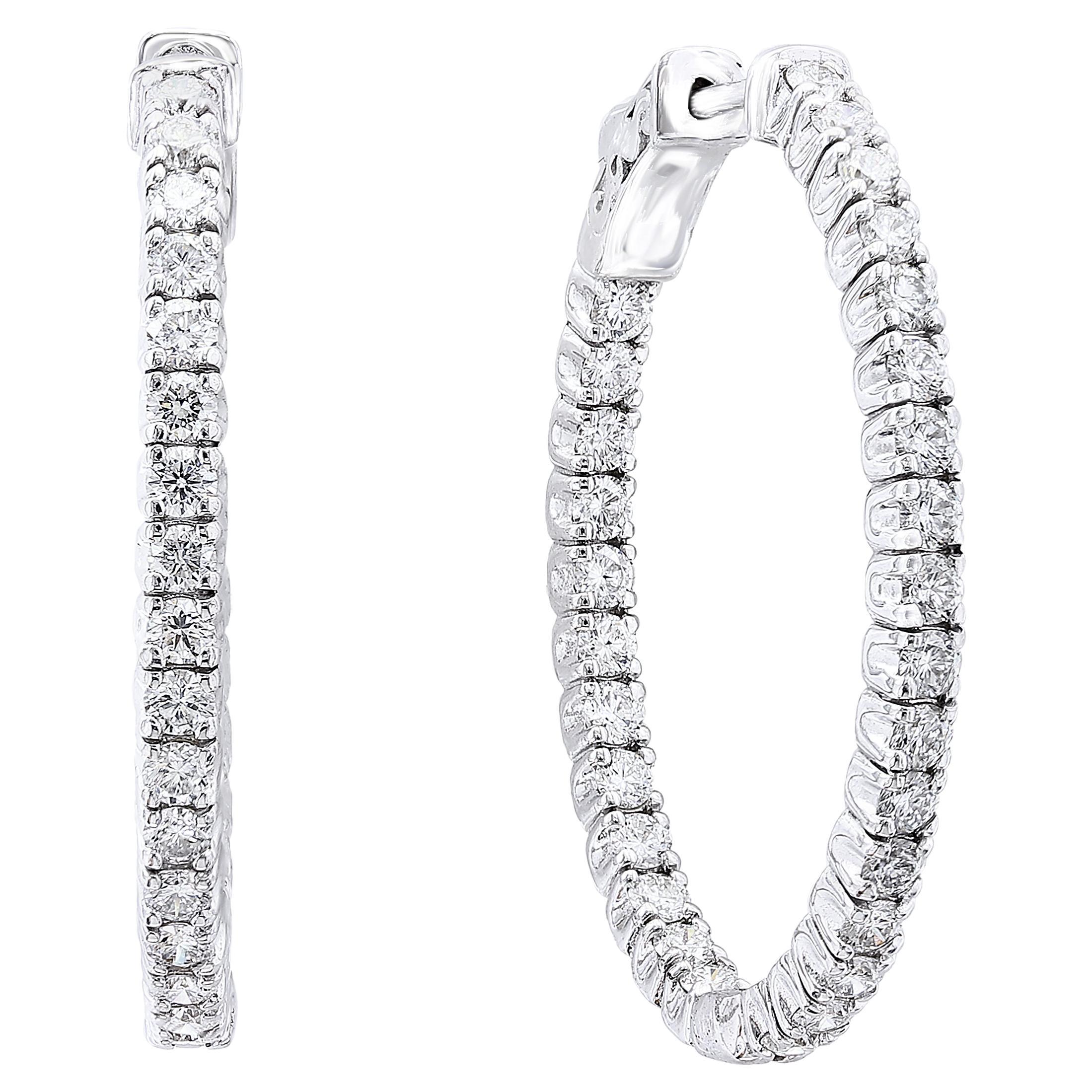 2.88 Carat Round Cut Diamond Hoop Earrings in 14k White Gold