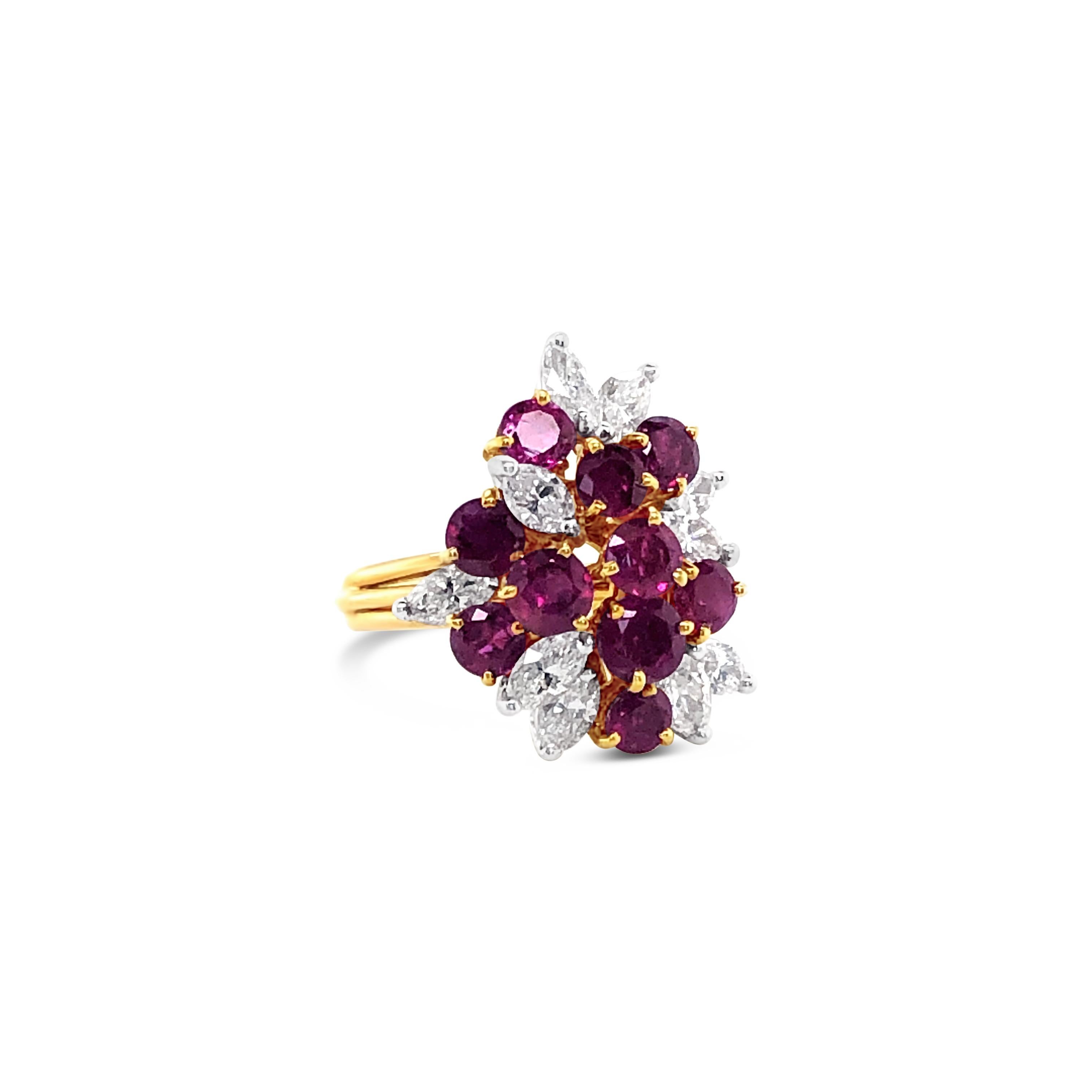 Round Cut 2.88 Carat 'total weight' Ruby and Diamond Cluster Ring in 18 Karat Yellow Gold For Sale