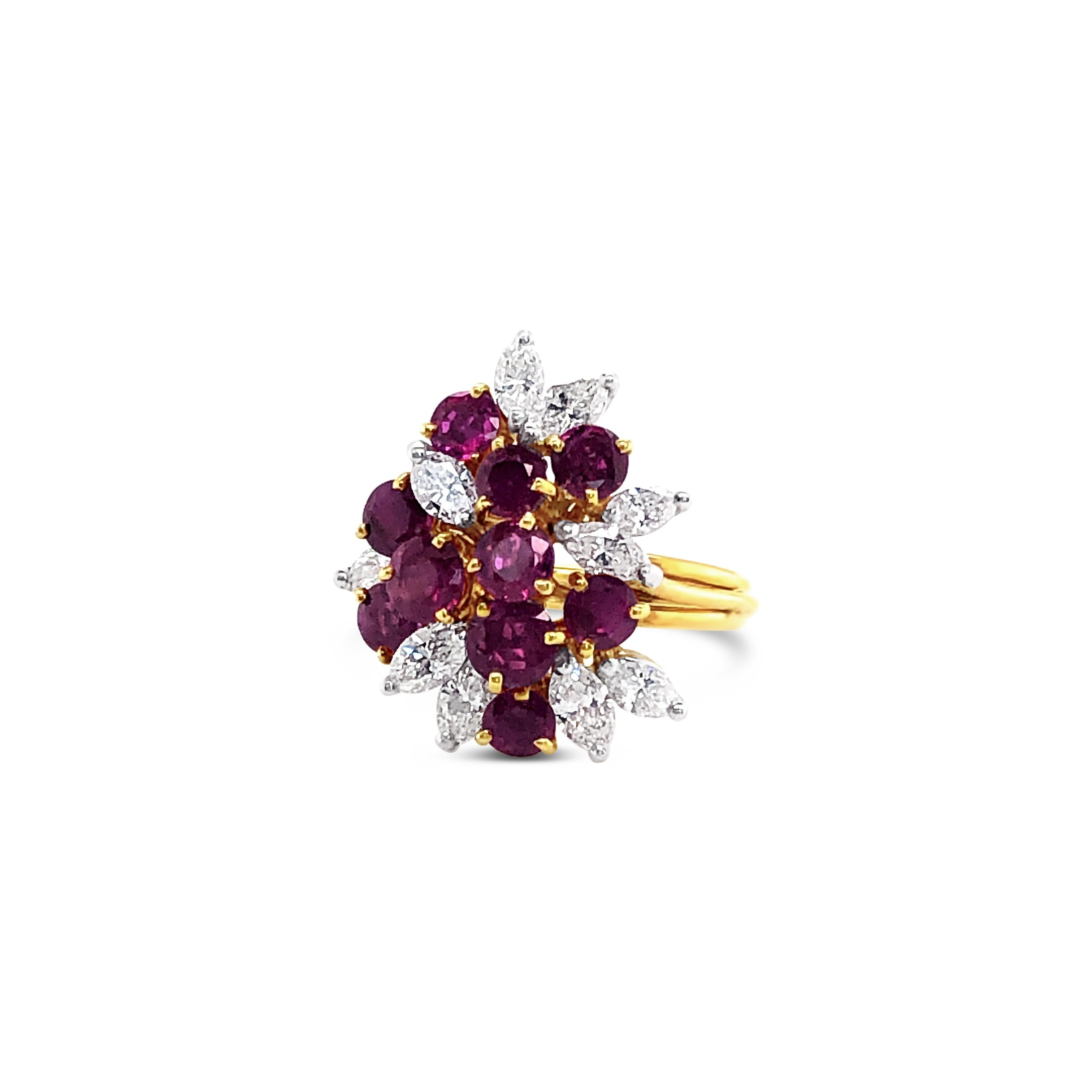 2.88 Carat 'total weight' Ruby and Diamond Cluster Ring in 18 Karat Yellow Gold In Excellent Condition For Sale In Palm Beach, FL