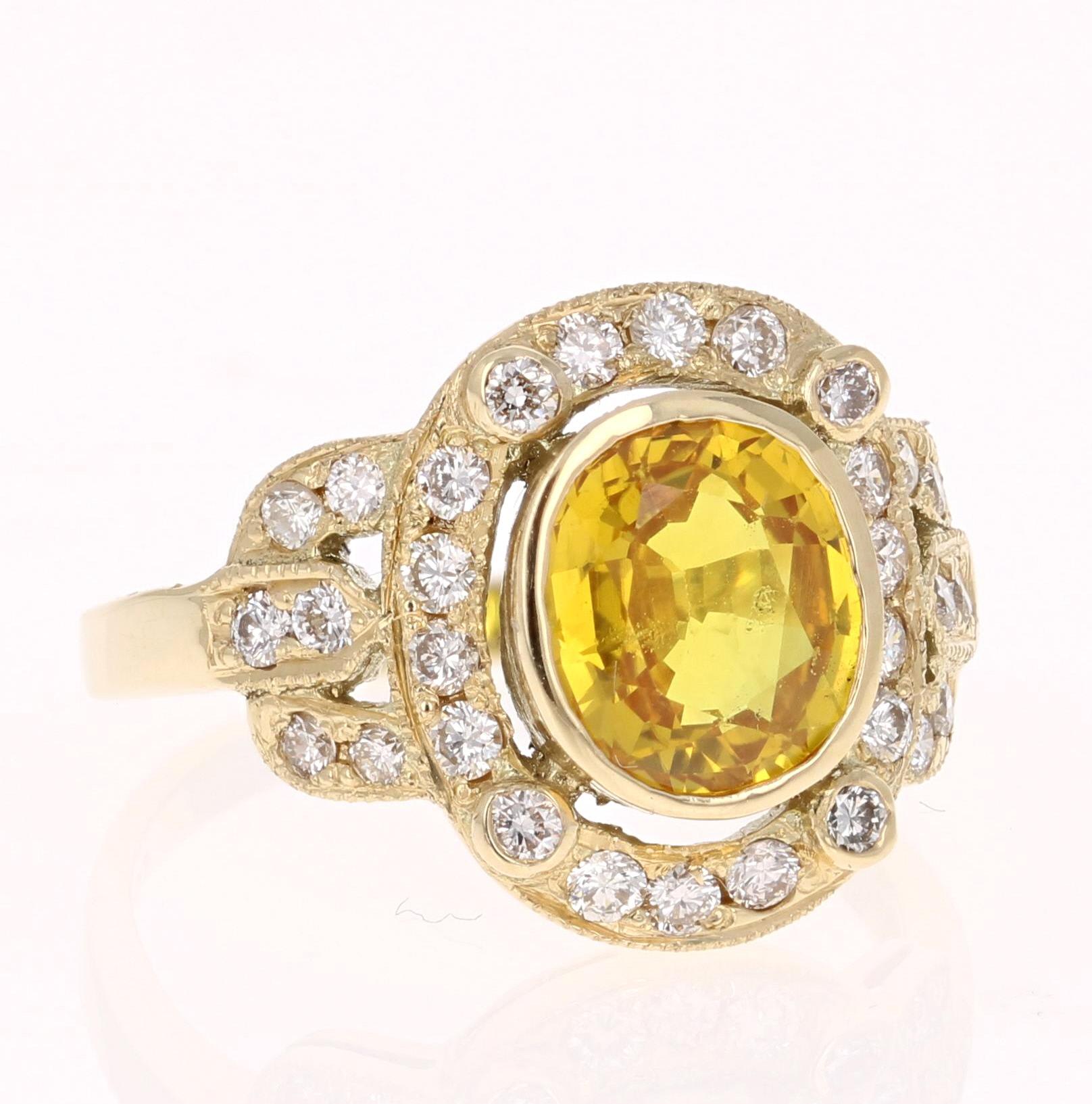 Oval Cut 2.88 Carat Yellow Sapphire Diamond Yellow Gold Art Deco Ring