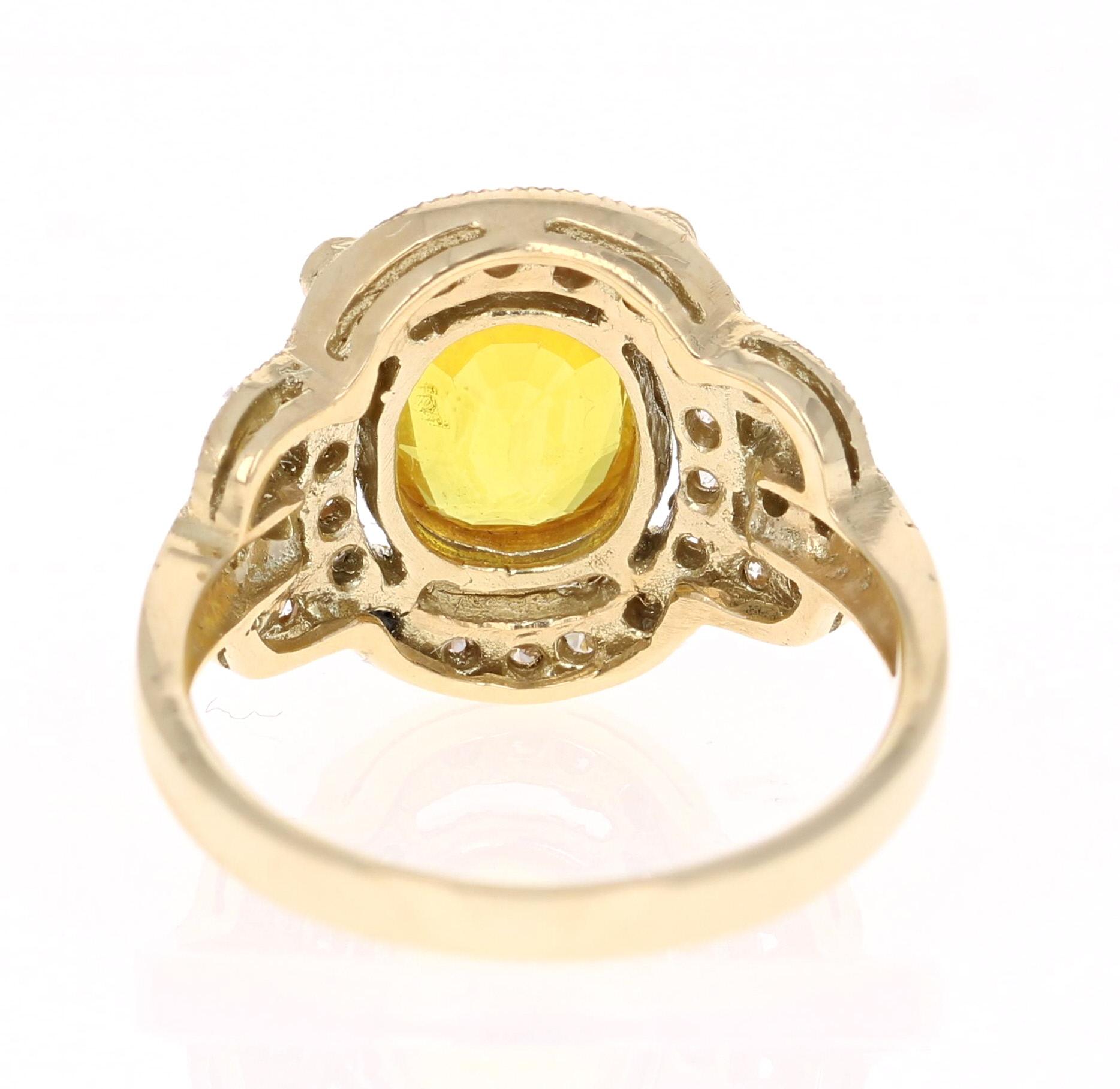 2.88 Carat Yellow Sapphire Diamond Yellow Gold Art Deco Ring In New Condition In Los Angeles, CA