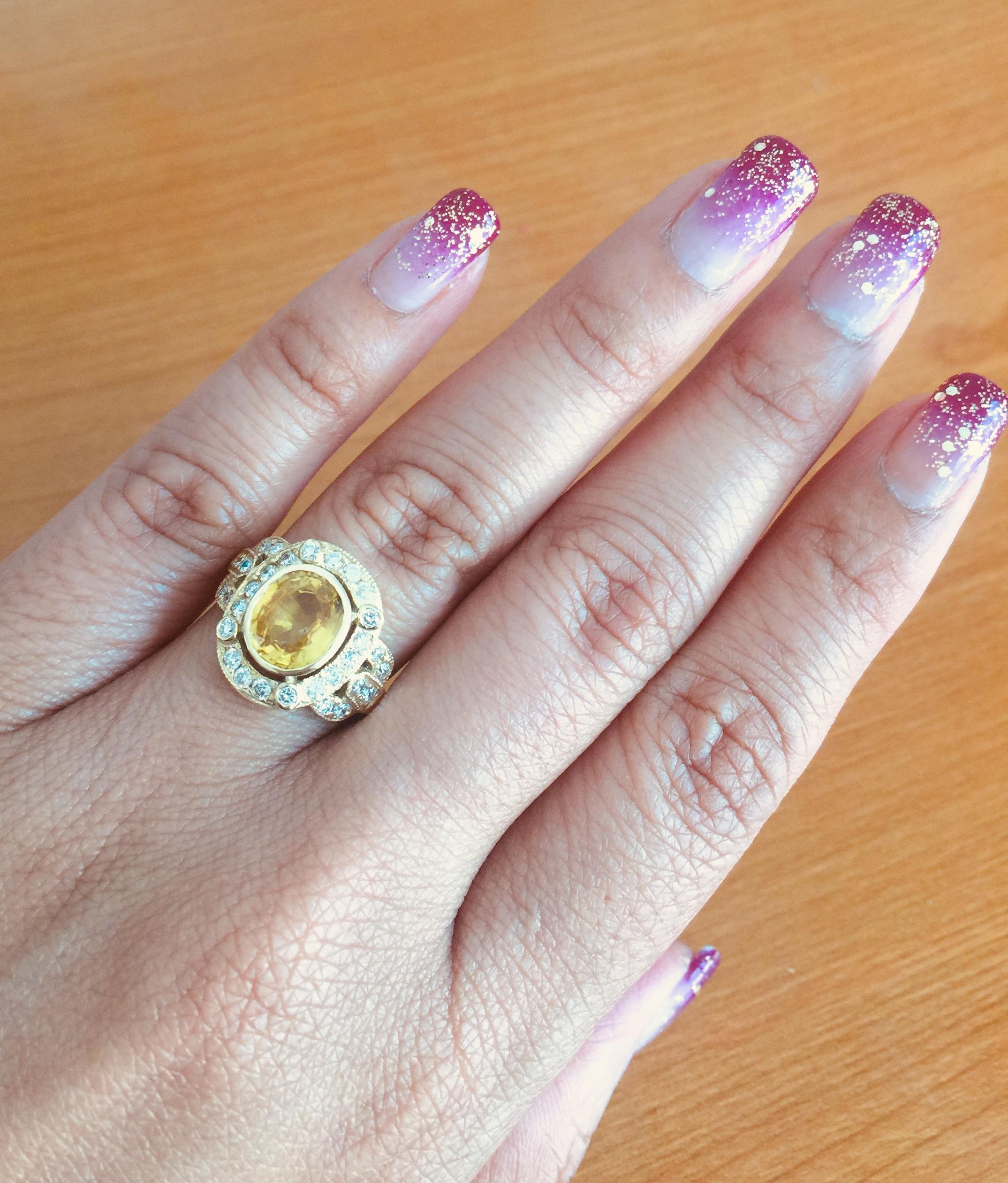 2.88 Carat Yellow Sapphire Diamond Yellow Gold Art Deco Ring 1