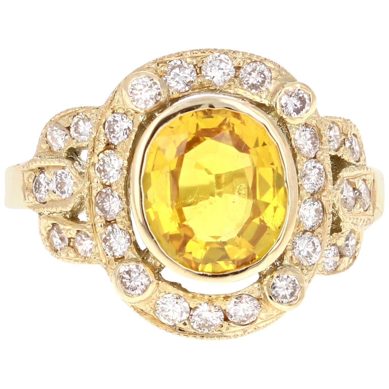 2.88 Carat Yellow Sapphire Diamond Yellow Gold Art Deco Ring