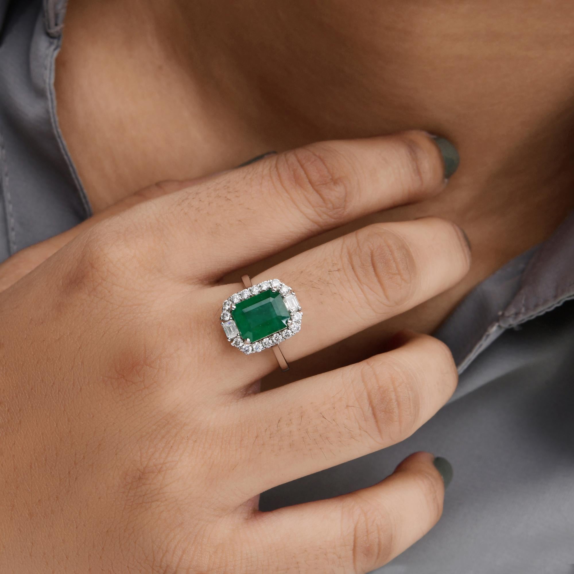 Octagon Cut 2.88 Carat Zambian Emerald Ring 0.65 Carat SI/H Diamond 14K White Gold Jewelry For Sale