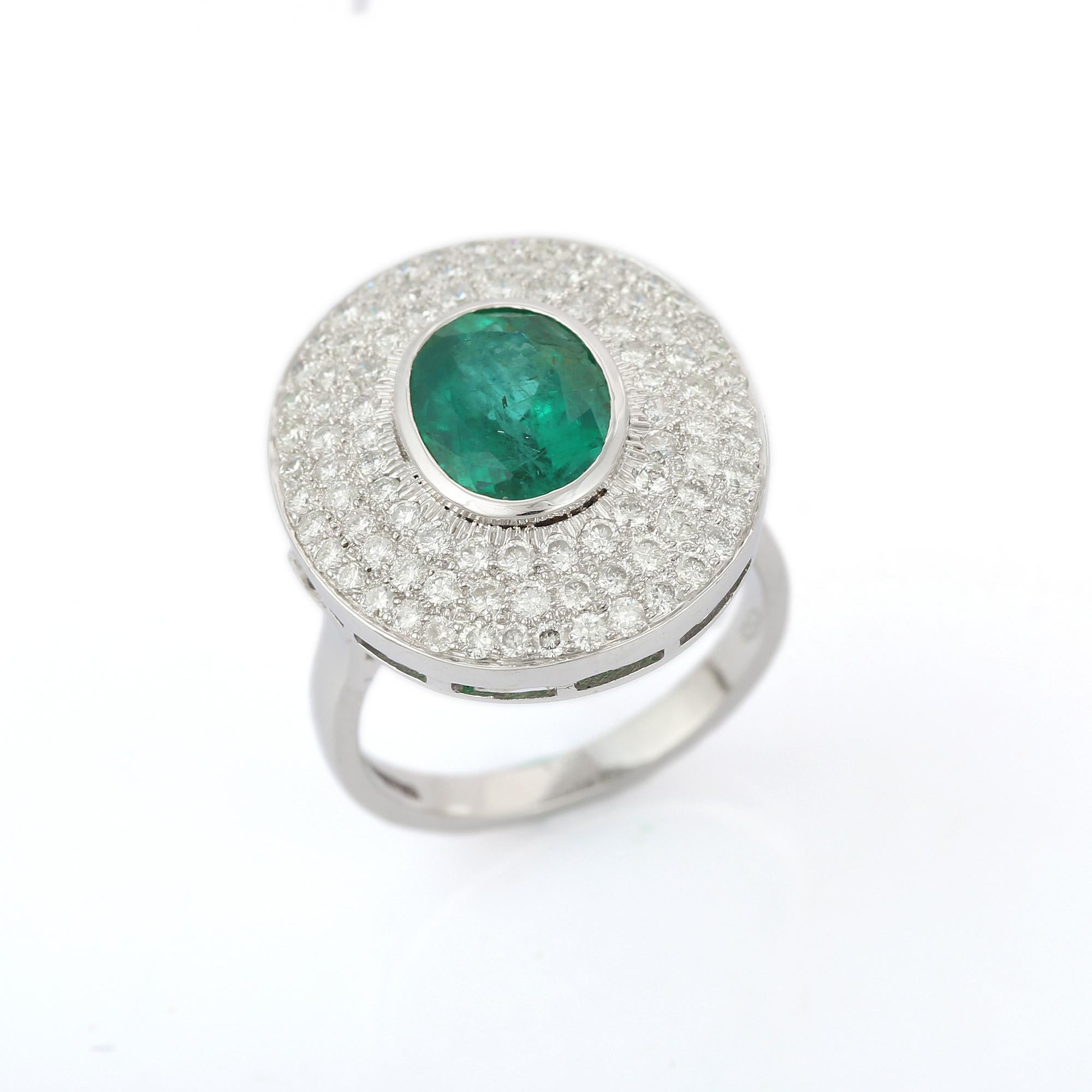 For Sale:  2.88 Carats Oval Emerald and Diamond Cocktail Ring in 18K White Gold 6