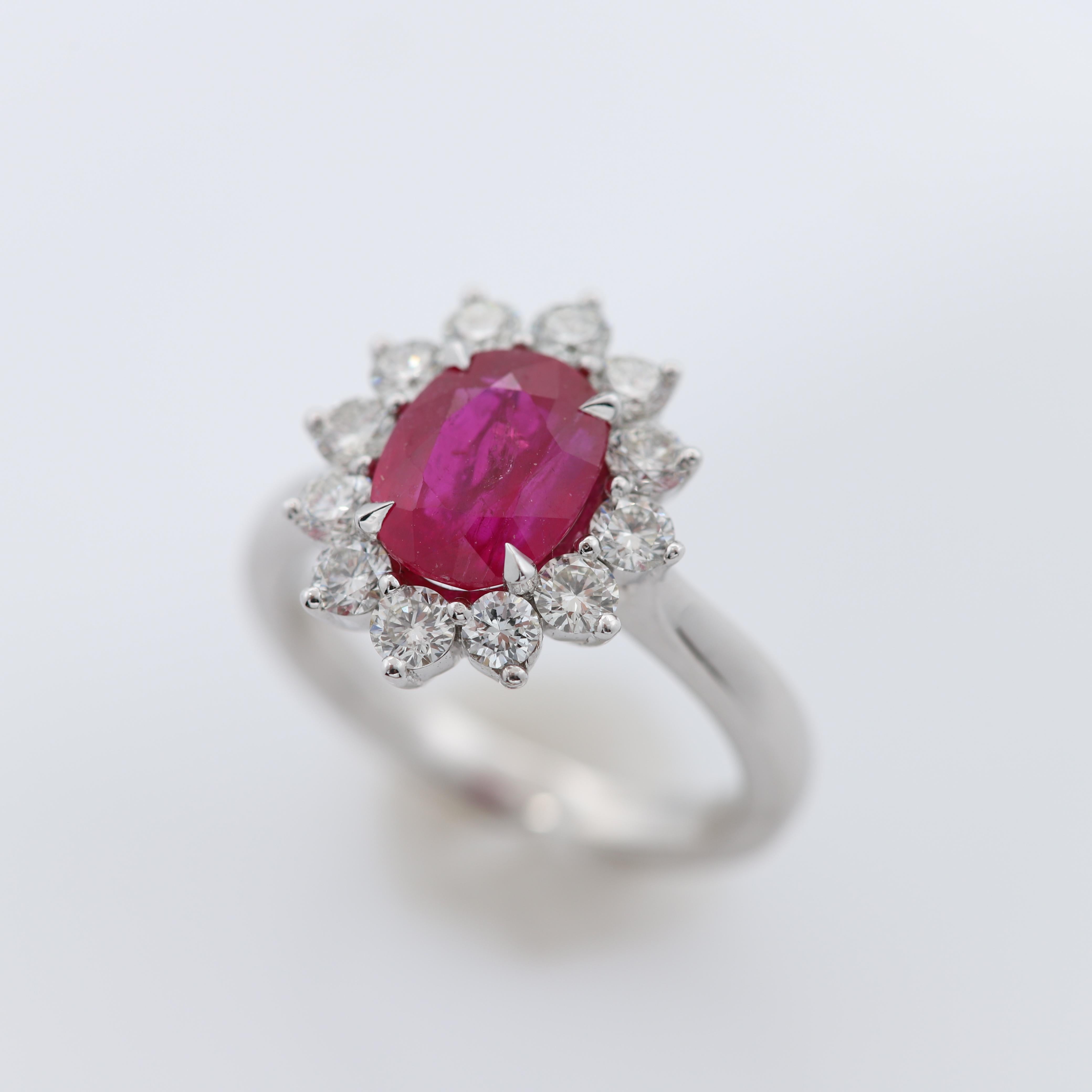 2.88 Ct Ruby Diana Style Ring 18 Karat White Gold Oval Ruby & Diamonds Ring For Sale 5