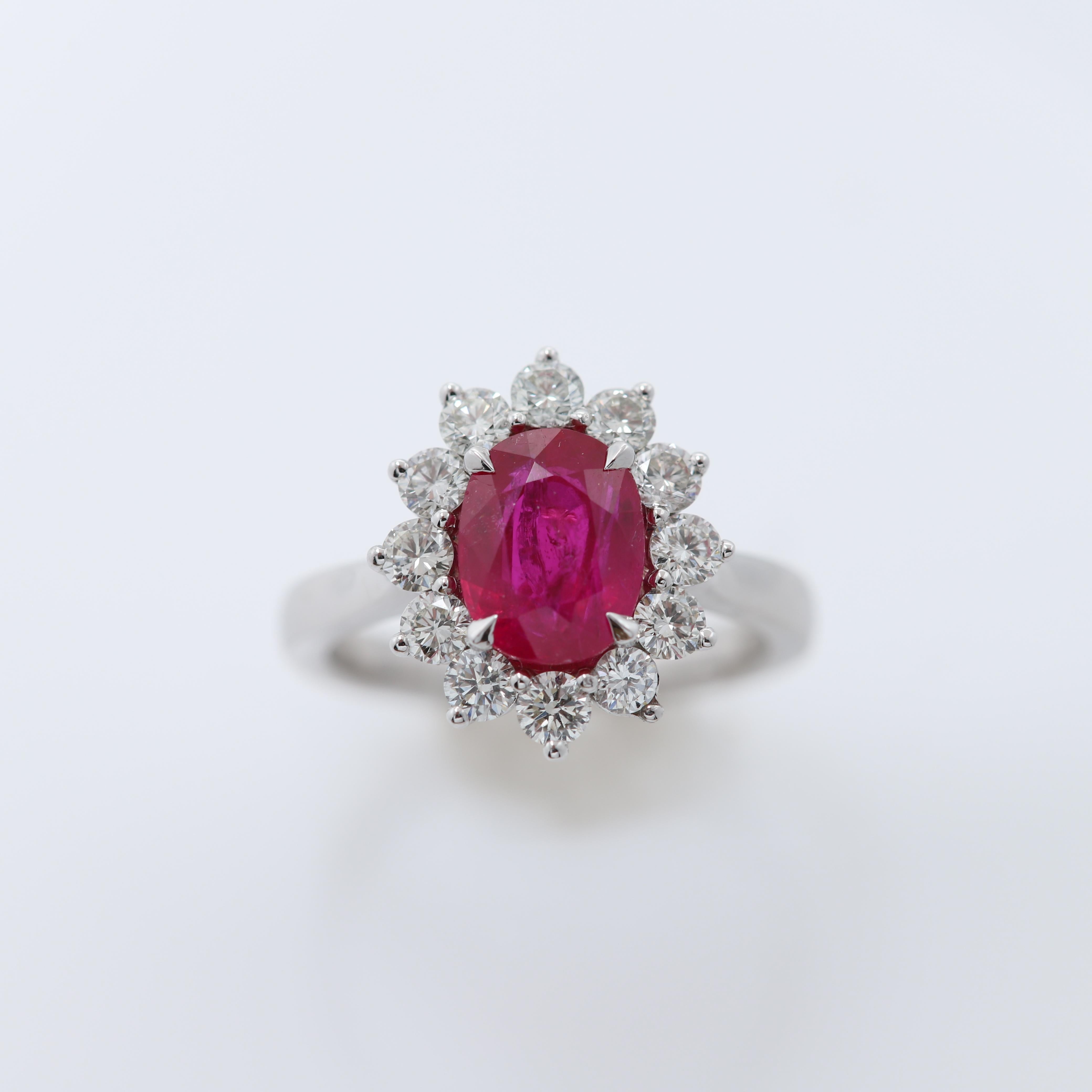2.88 Ct Ruby Diana Style Ring 18 Karat White Gold Oval Ruby & Diamonds Ring For Sale 2