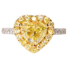 2.88 ct total Heart Shape Yellow Diamond Halo 18K Gold Ring