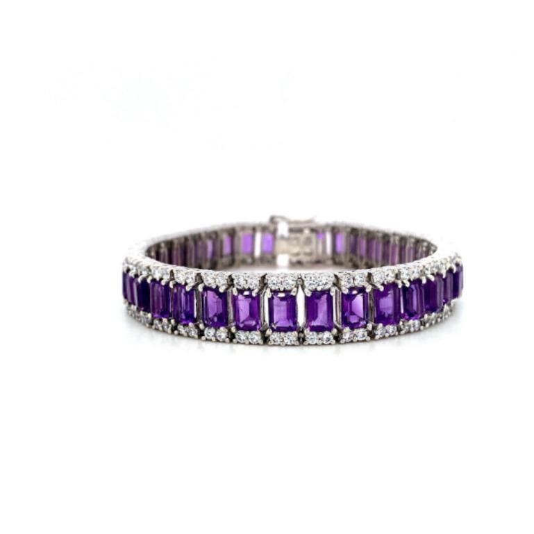 Beautifully handcrafted 28.80 Carat Amethyst and Cubic Zirconia Engagement Bracelet, designed with love, including handpicked luxury gemstones for each designer piece. Grab the spotlight with this exquisitely crafted piece. Inlaid with natural