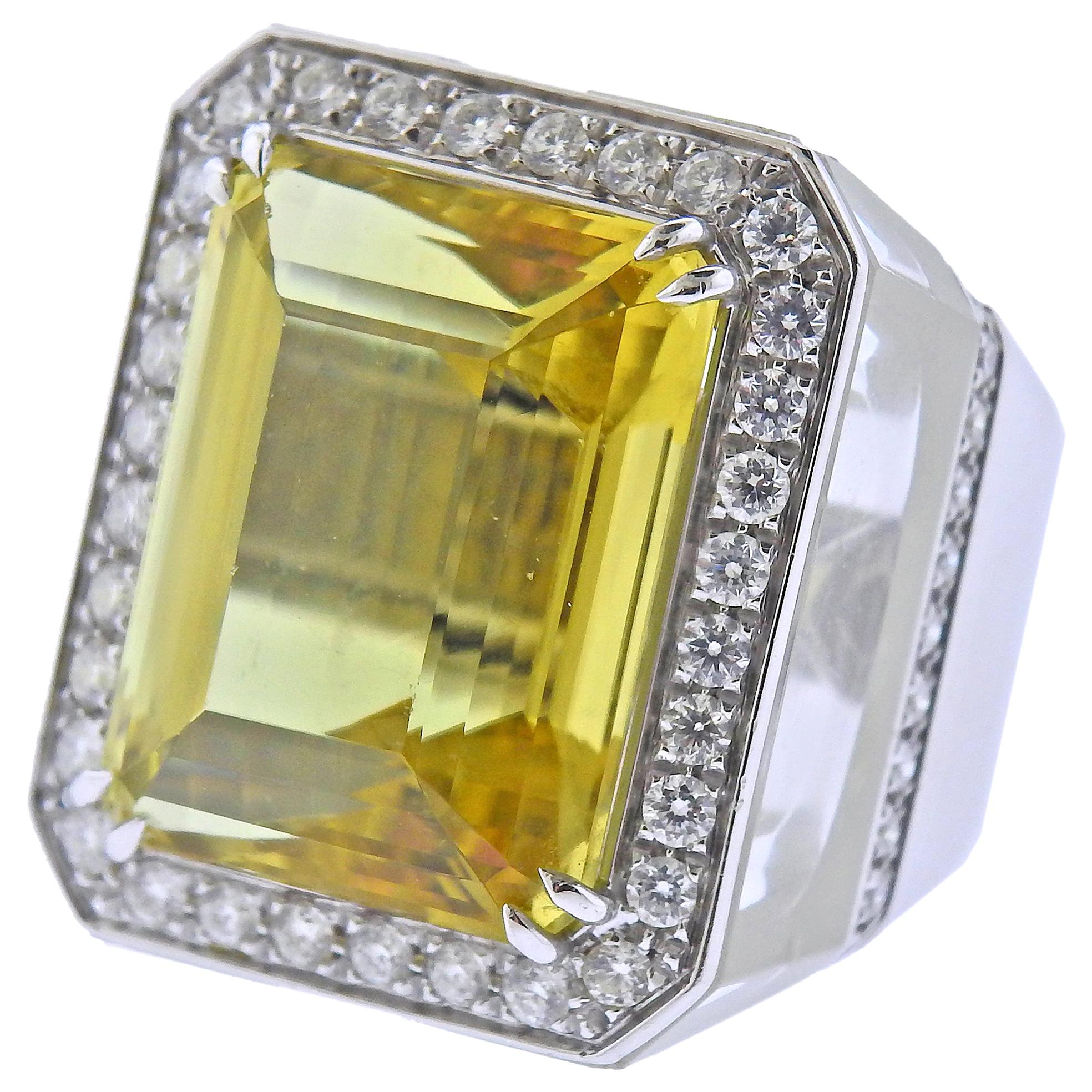 28.80 Carat Golden Beryl Diamond Crystal Gold Ring