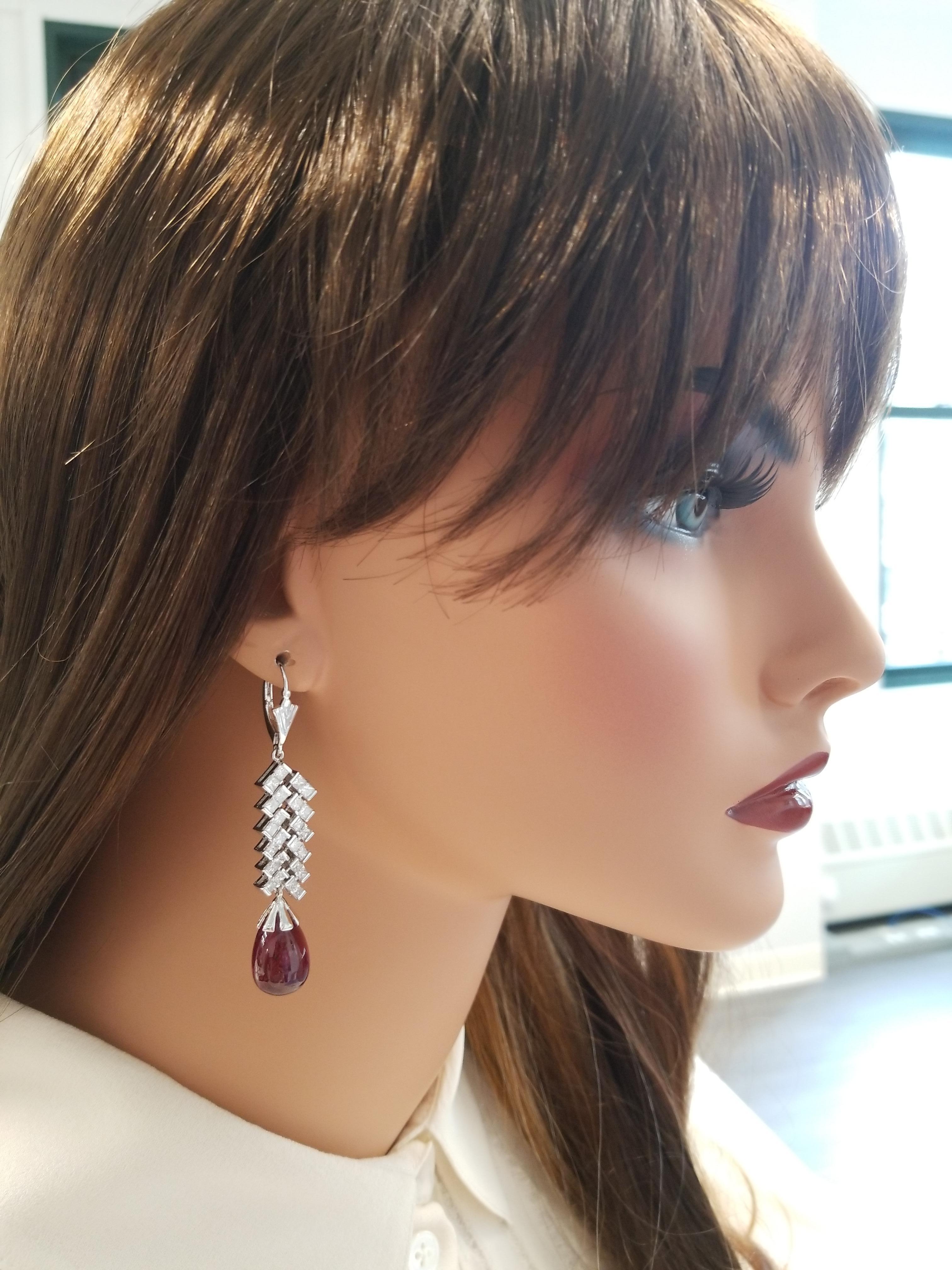 28.80 Carat Total Briolette Rubelite and Princess Cut Diamond Earring in 18K 1