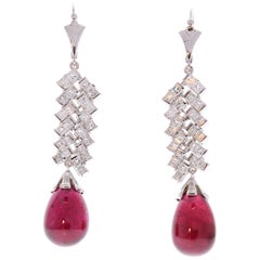 28.80 Carat Total Briolette Rubelite and Princess Cut Diamond Earring in 18K 28.80 Carat Total Briolette Rubelite and Princess Cut Diamond Earring in 18K