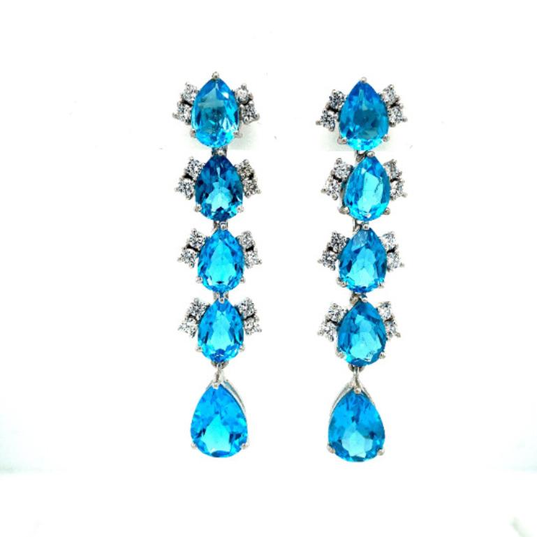 Art Nouveau 28.80 CTW Blue Topaz Cubic Zirconia Long Engagement Earrings in Sterling Silver For Sale