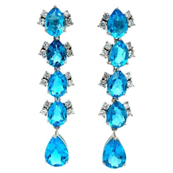 28.80 CTW Blue Topaz Cubic Zirconia Long Engagement Earrings in Sterling Silver For Sale