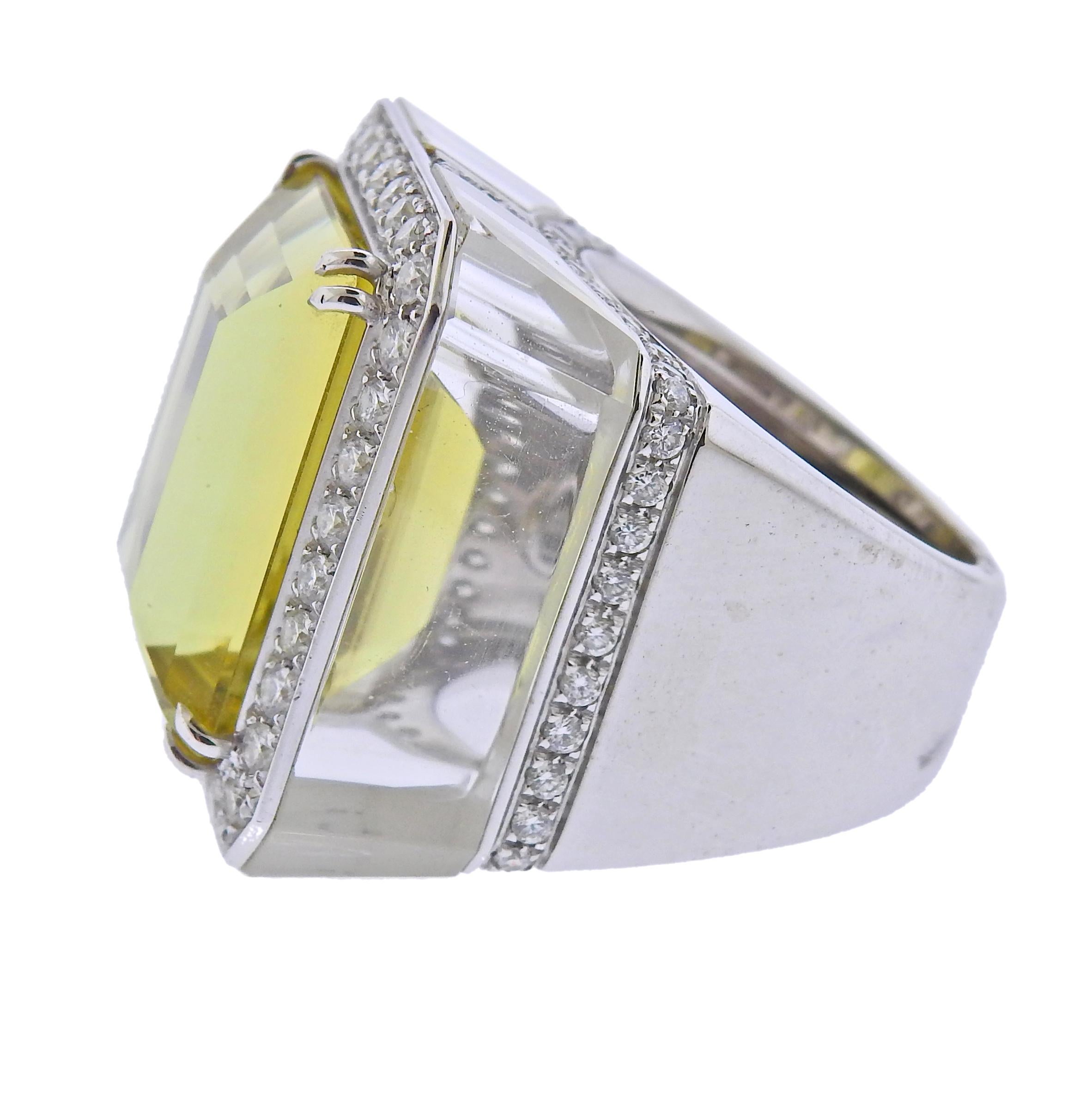 Round Cut 28.80 Carat Golden Beryl Diamond Crystal Gold Ring