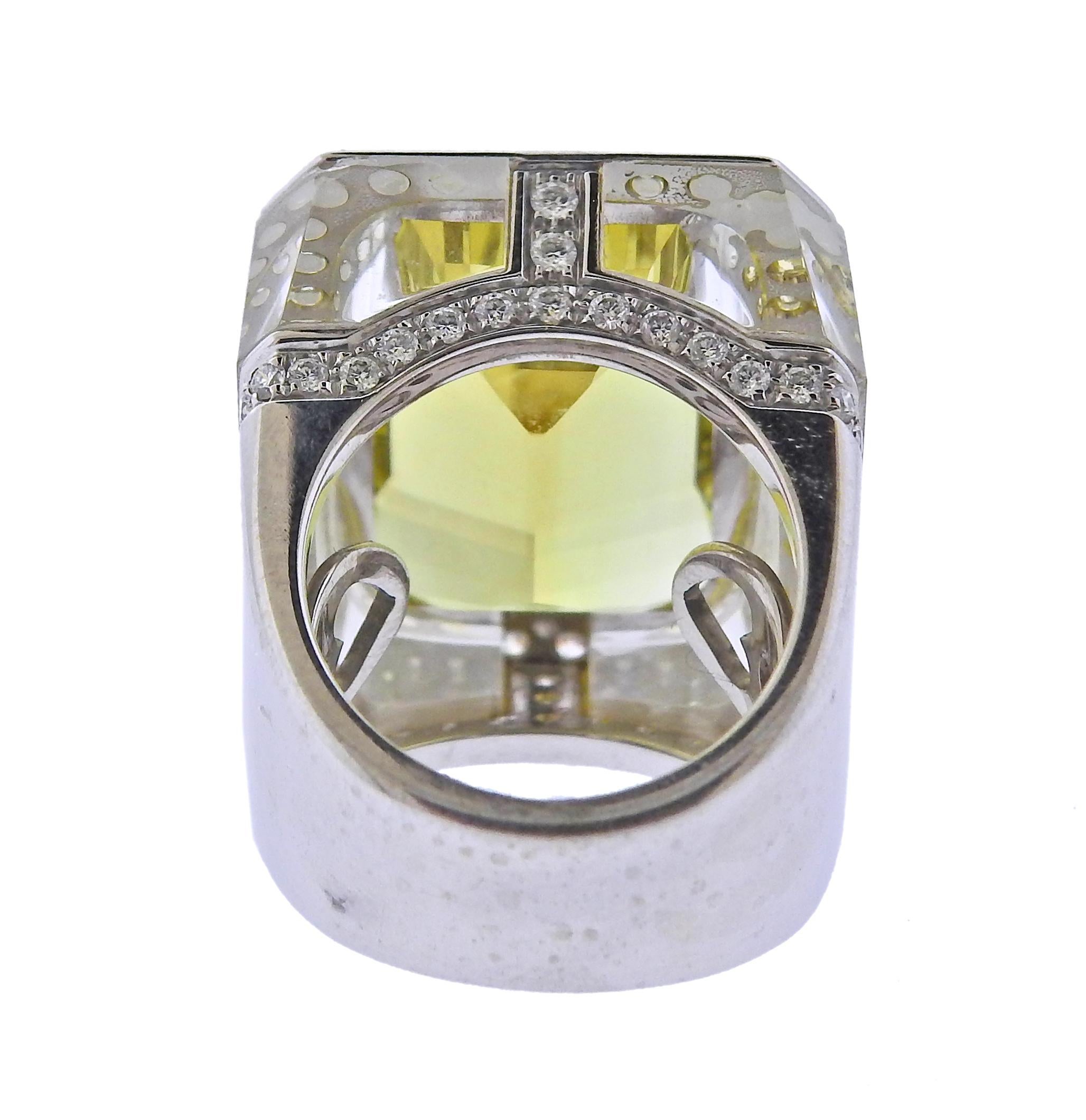 28.80 Carat Golden Beryl Diamond Crystal Gold Ring In Excellent Condition In Lambertville, NJ