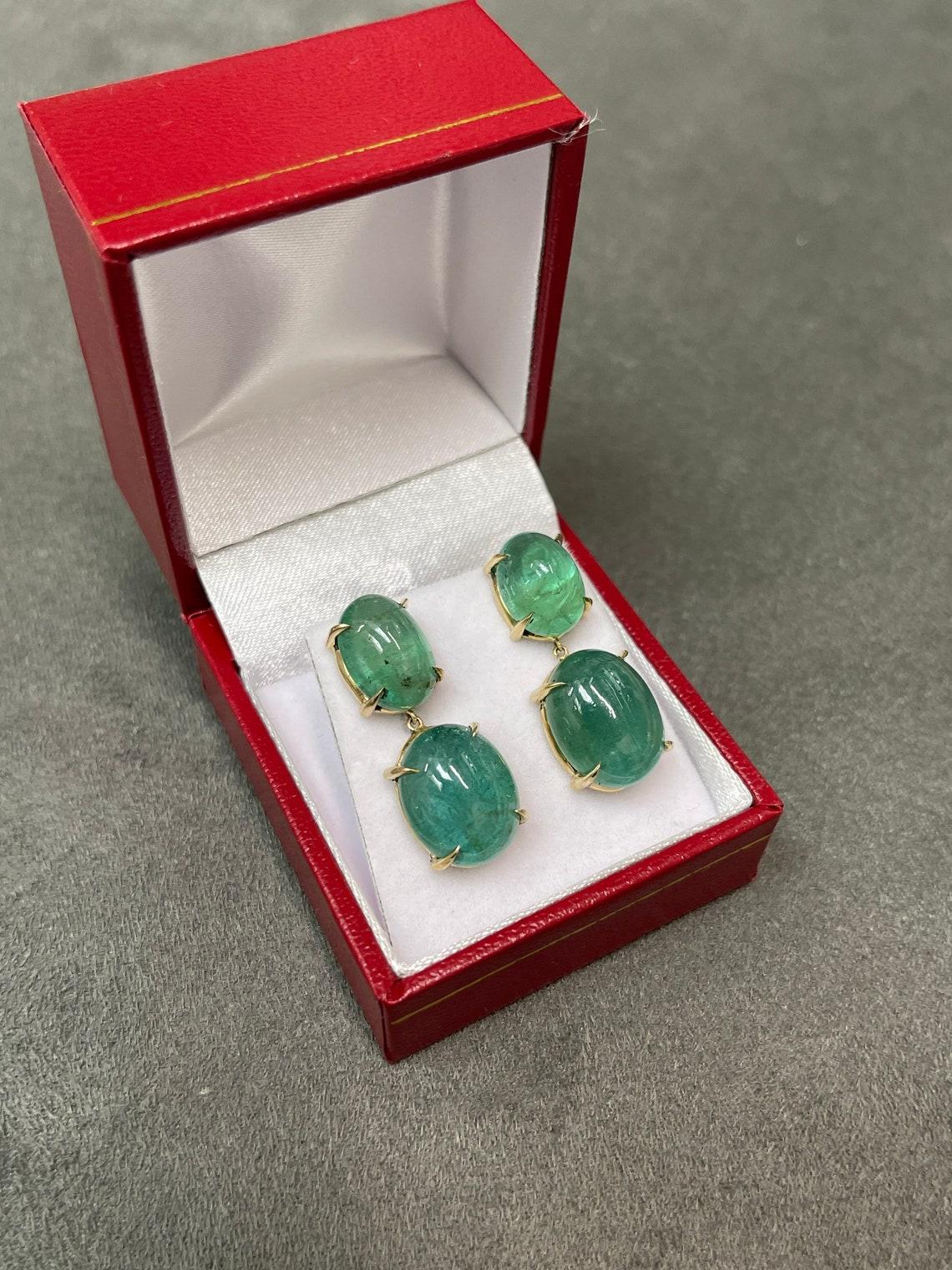 Modern Statement Size 28.80tcw 14K Oval Emerald Cabochon Dangle Drop Gold Earrings For Sale