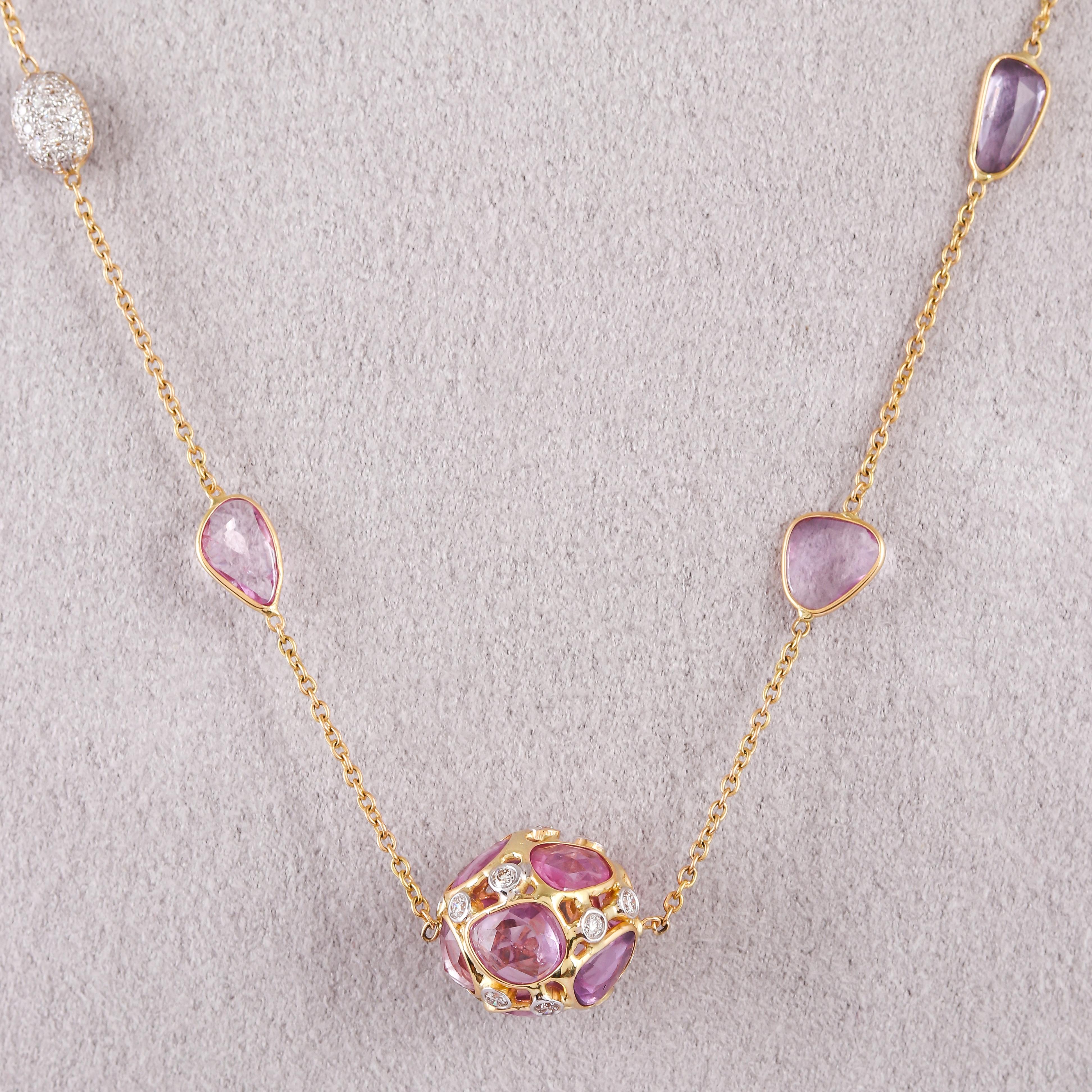 Modern 28.82 Carat Pink Sapphire Rose Cut Diamond 18 Karat Yellow Gold Chain For Sale