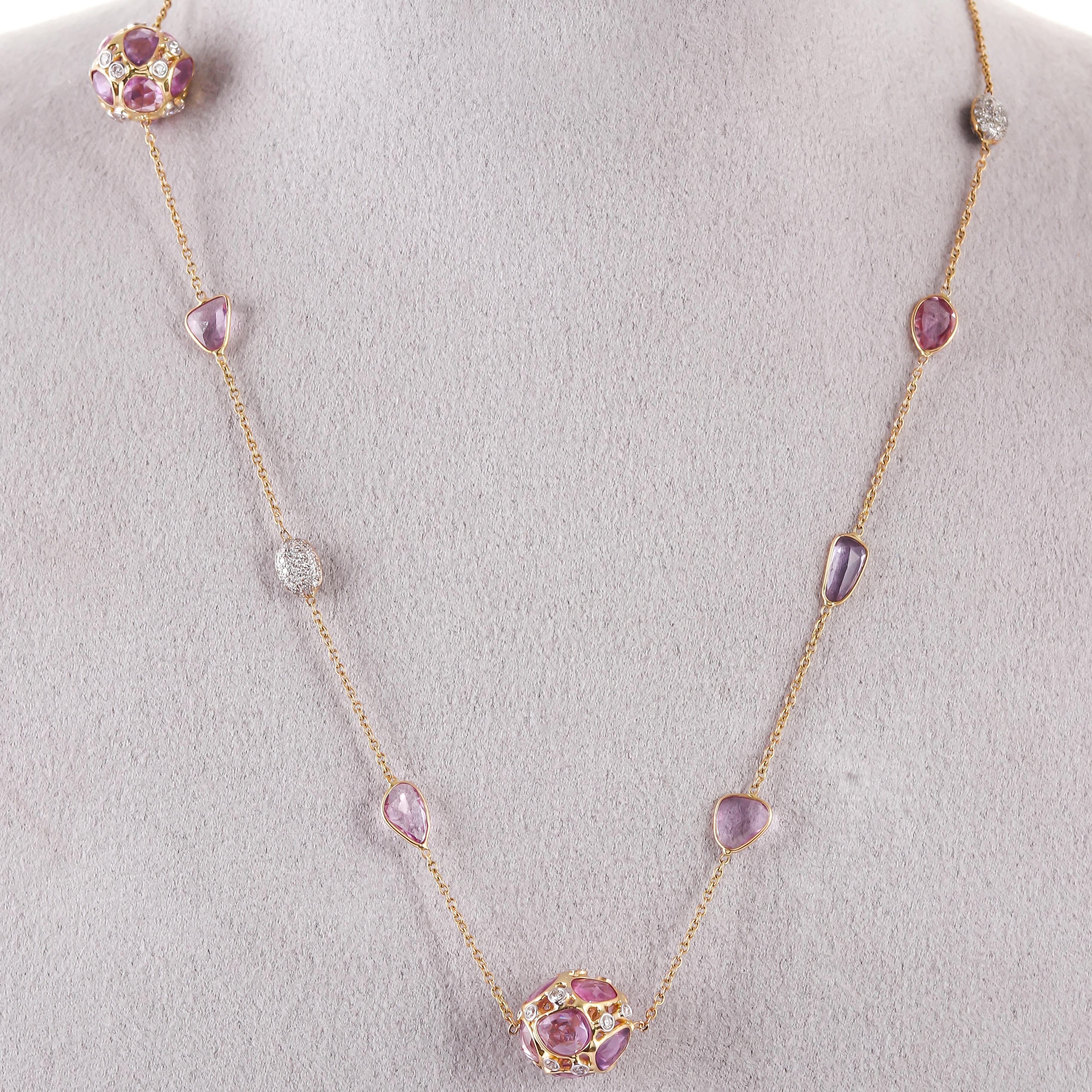 28.82 Carat Pink Sapphire Rose Cut Diamond 18 Karat Yellow Gold Chain In New Condition For Sale In Jaipur, Jaipur