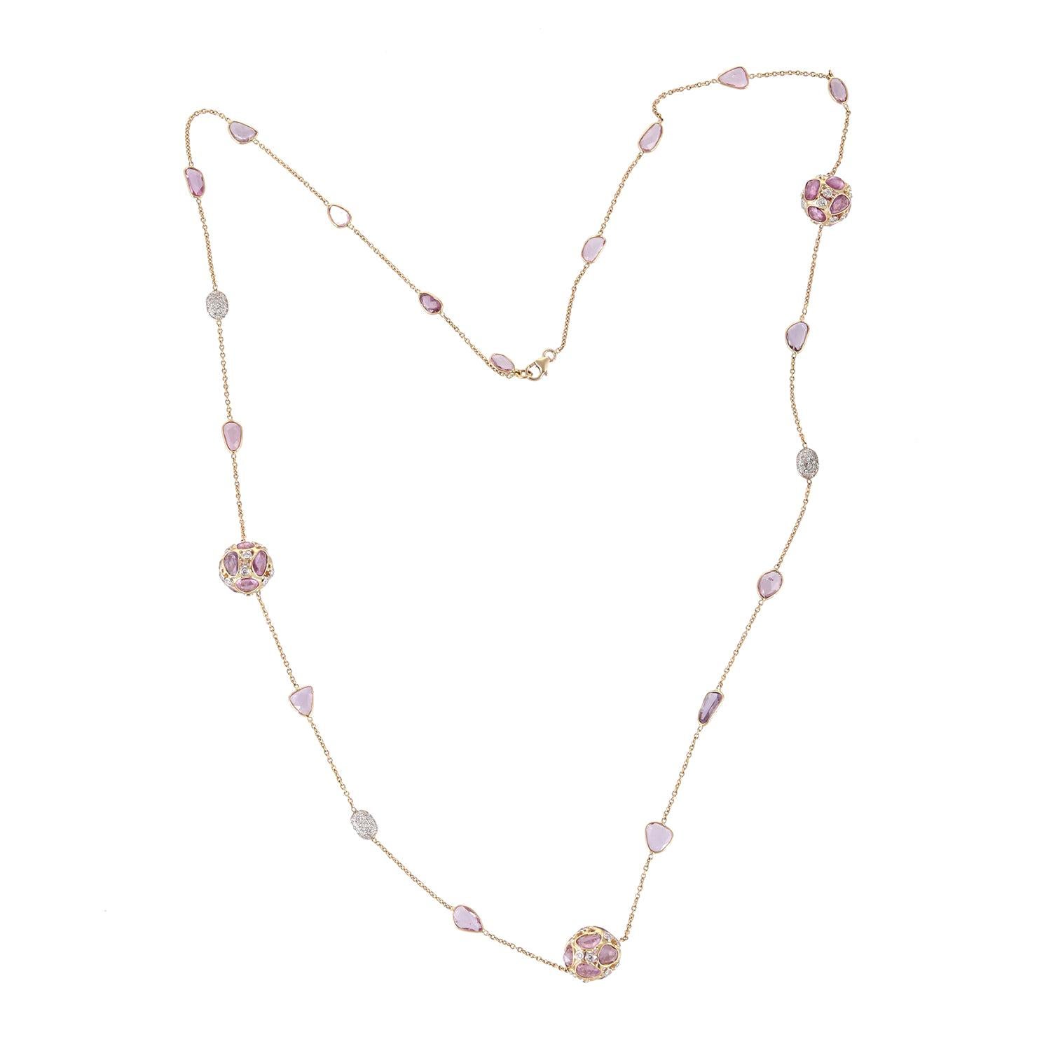 28.82 Carat Pink Sapphire Rose Cut Diamond 18 Karat Yellow Gold Chain For Sale