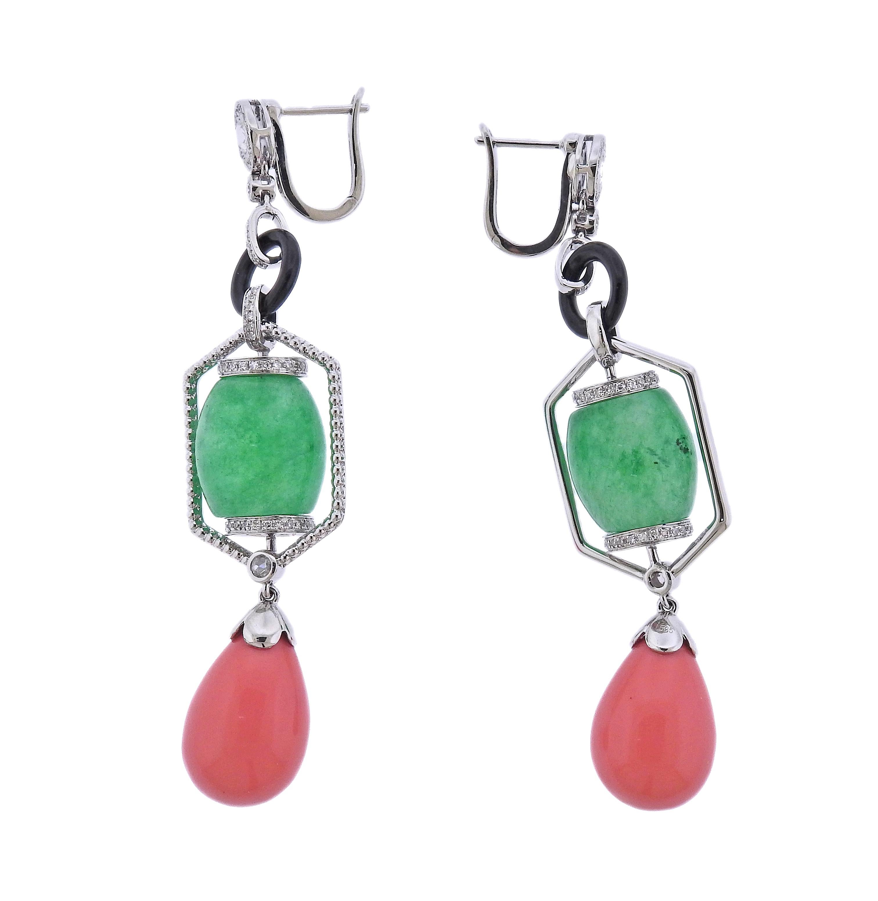 Pair of 14k gold long drop earrings, with 28.82ctw jadeite jade , 17.50ctw coral, onyx and 0.79ctw in diamonds. Earrings are 72mm long. Marked 585. Weight - 21.7 grams.