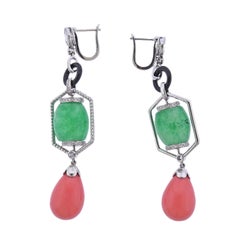 28.82ctw Jadeite Jade Coral Diamond Onyx Gold Drop Earrings