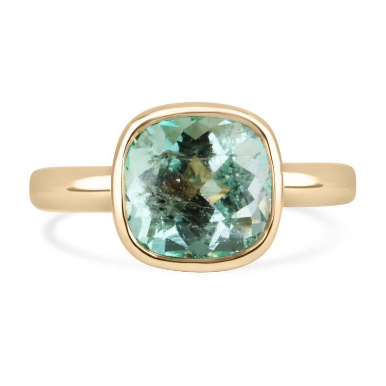 2.88ct 18K Cushion Cut Emerald Solitaire Ring - Minty Green Bezel Set Gold