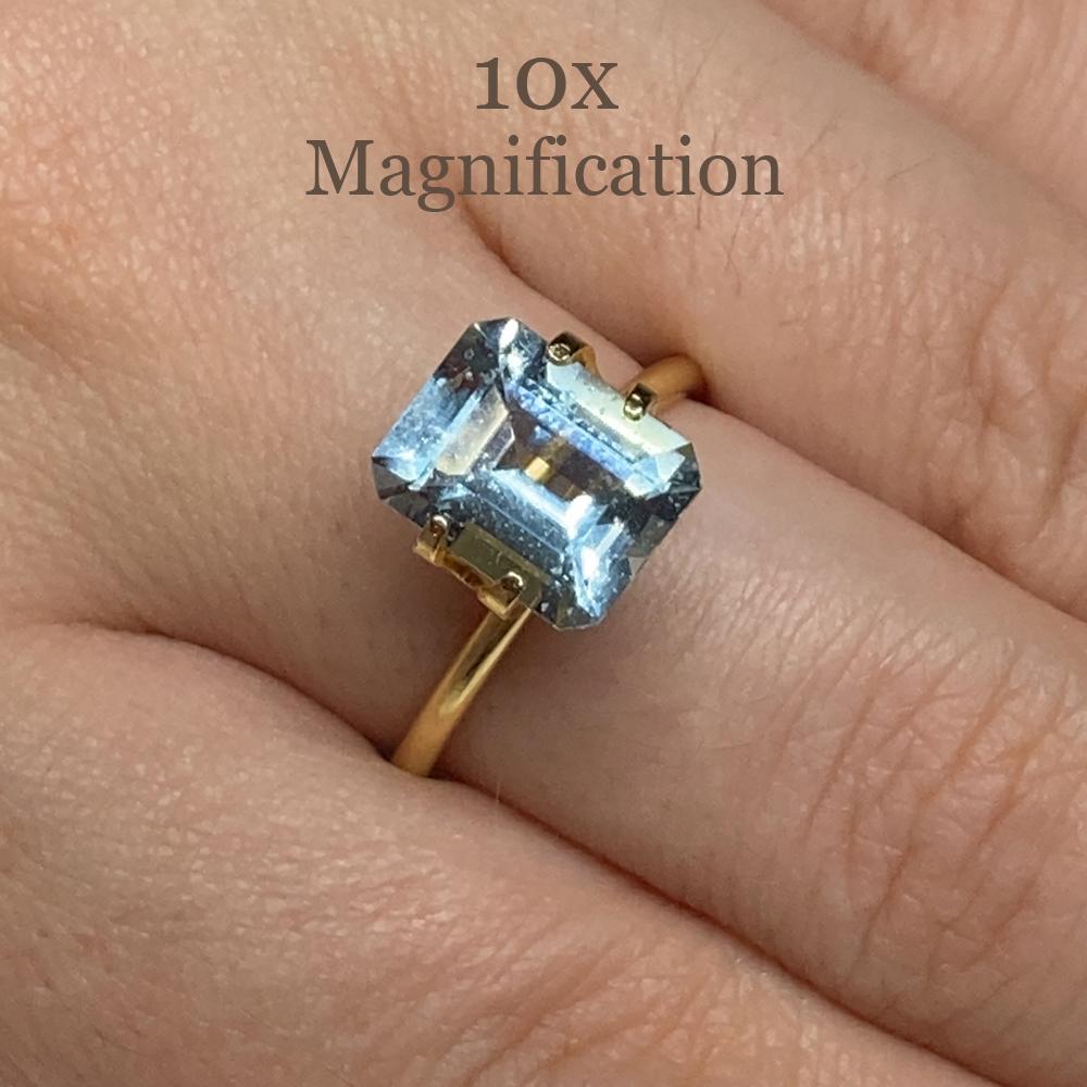 Description:

Gem Type: Aquamarine
Number of Stones: 1
Weight: 2.88 cts
Measurements: 9.96 x 8.03 x 5.42 mm
Shape: Emerald Cut
Cutting Style Crown: Step Cut
Cutting Style Pavilion: Step Cut
Transparency: Transparent
Clarity: Slightly Included: Some