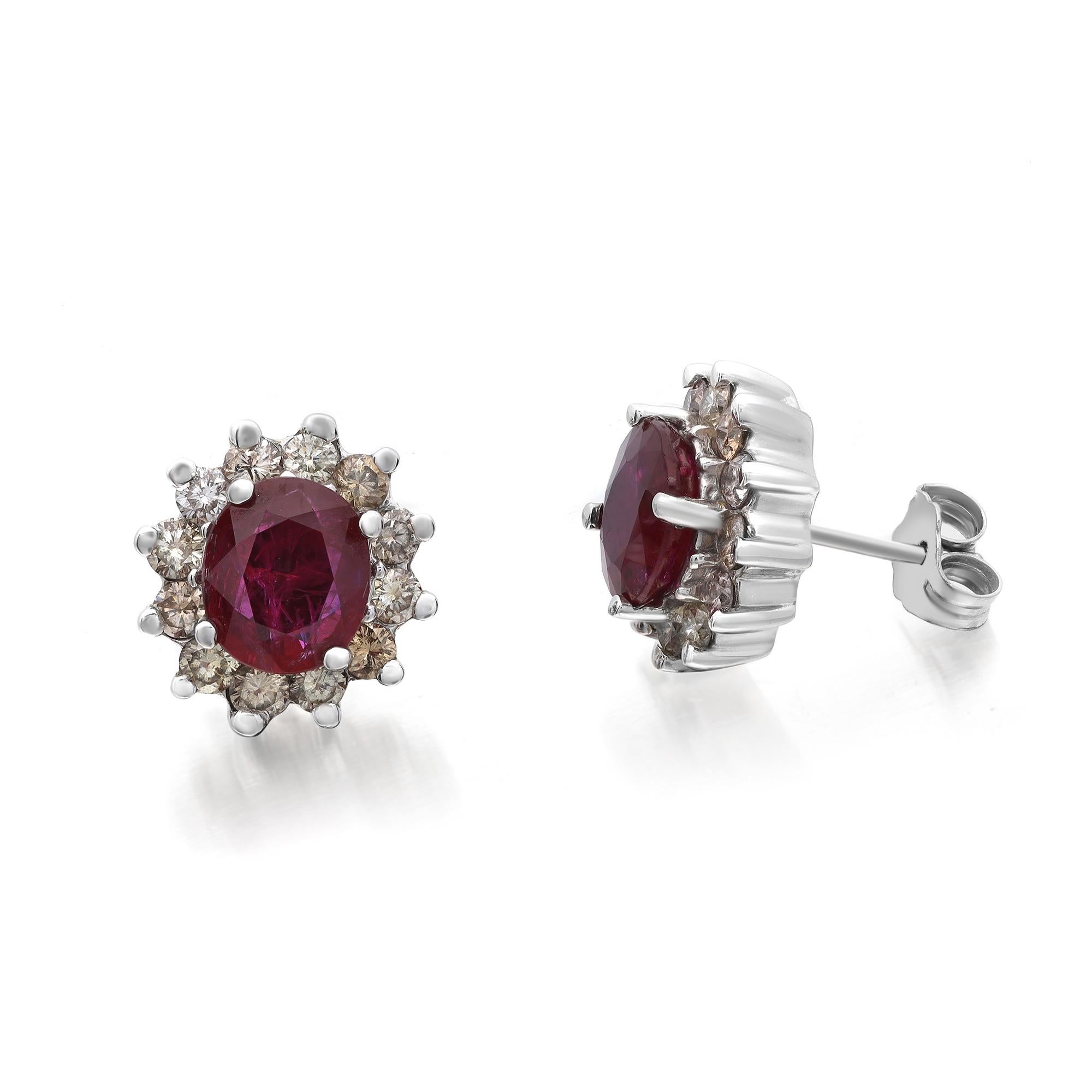Oval Cut 2.88cttw Oval Ruby & Diamond Halo Ladies Stud Earrings 14K White Gold For Sale