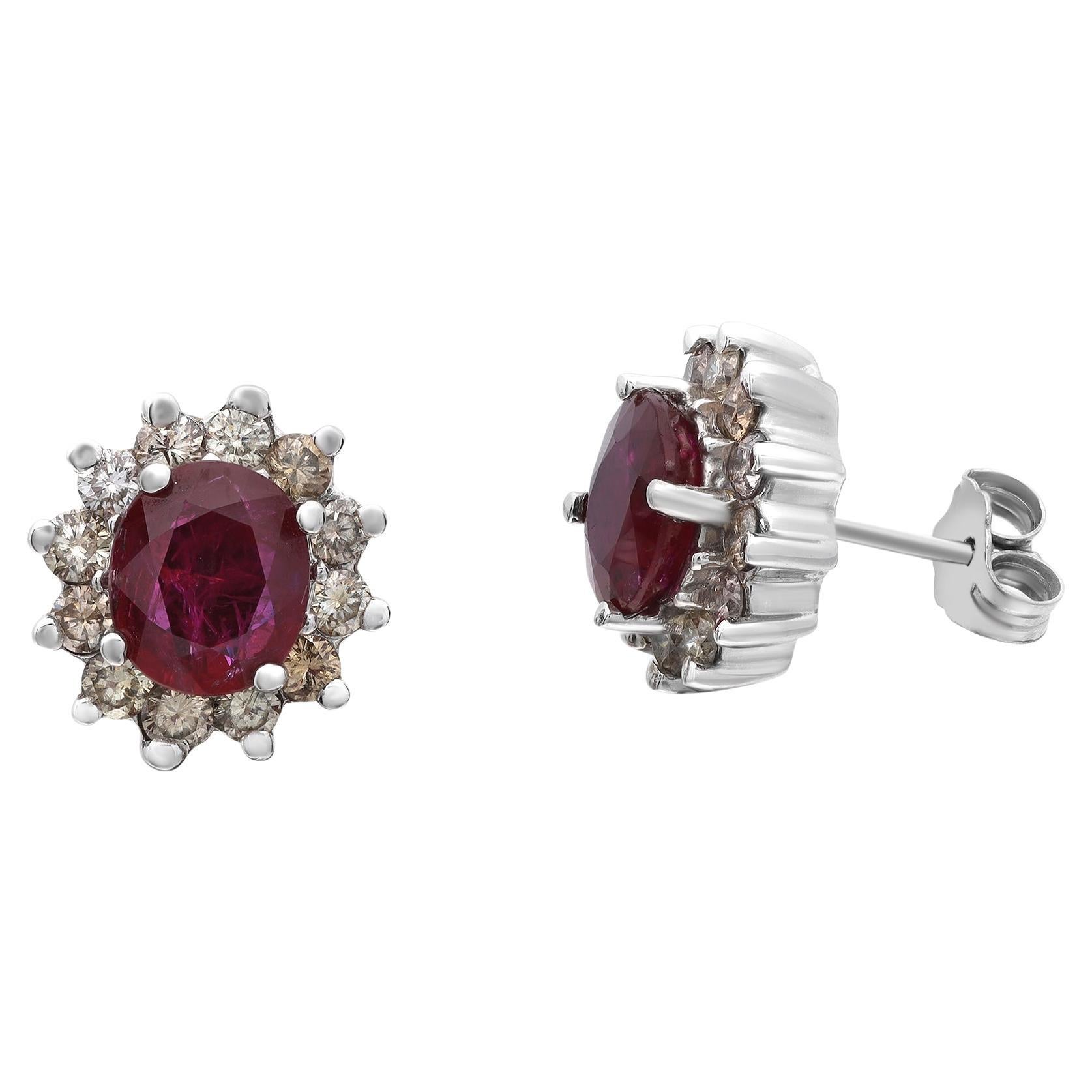 2.88cttw Oval Ruby & Diamond Halo Ladies Stud Earrings 14K White Gold For Sale
