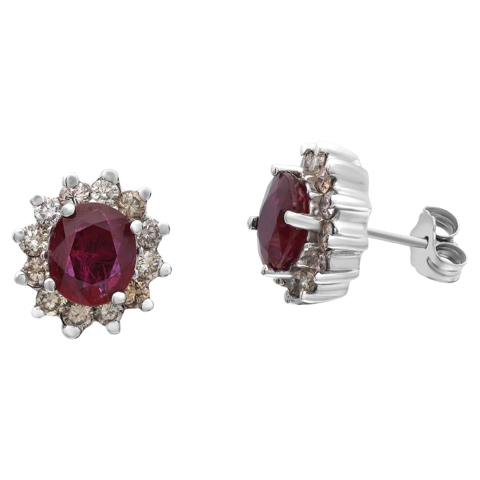 2.88cttw Oval Ruby & Diamond Halo Ladies Stud Earrings 14K White Gold