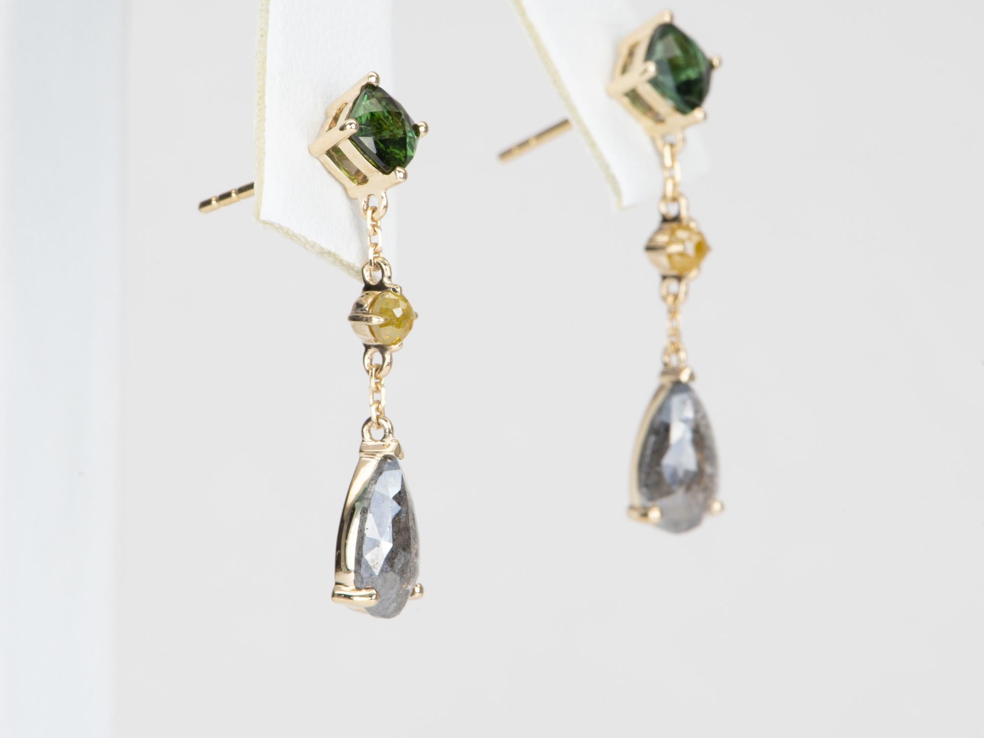 Uncut 2.88ctw Diamond and Tourmaline Dangle Earrings 14K Gold R3127 For Sale