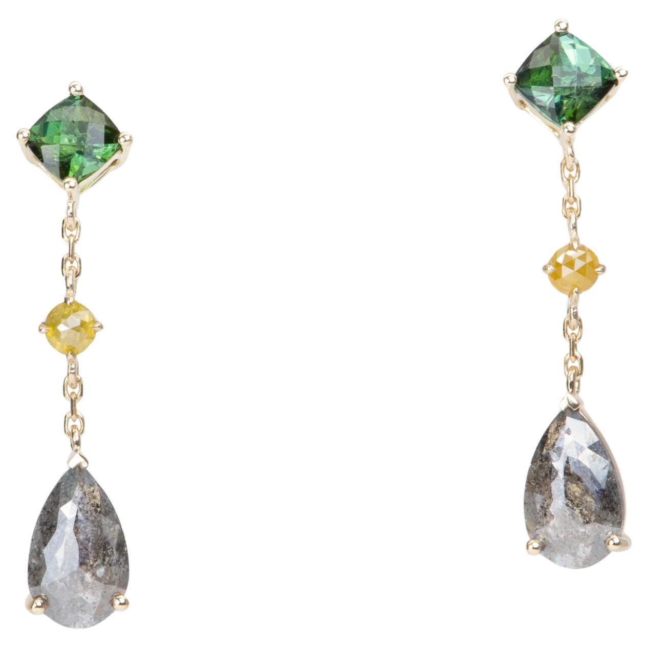 2.88ctw Diamond and Tourmaline Dangle Earrings 14K Gold R3127 For Sale