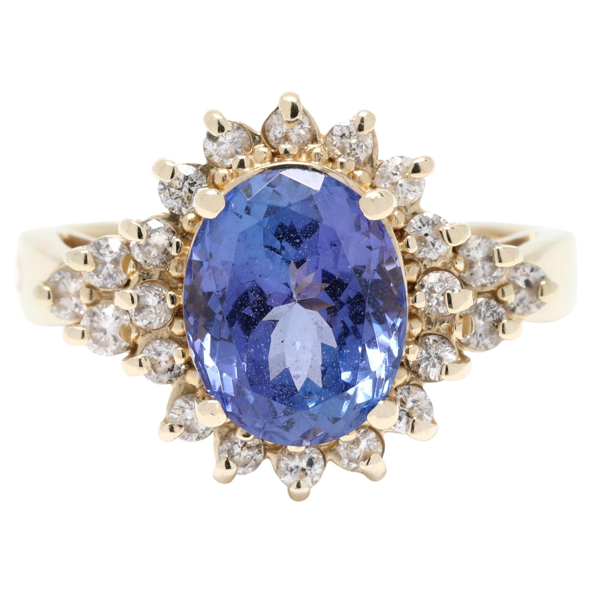 2.88ctw Tanzanite Diamond Halo Cocktail Ring, 14k Yellow Gold, Ring For Sale